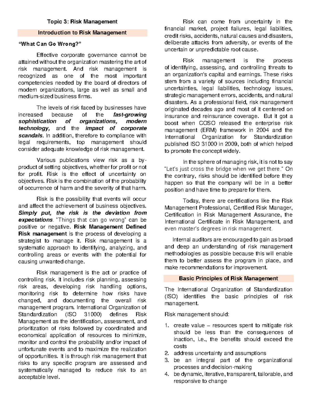Germic-Risk-Management - Topic 3: Risk Management Introduction to Risk ...