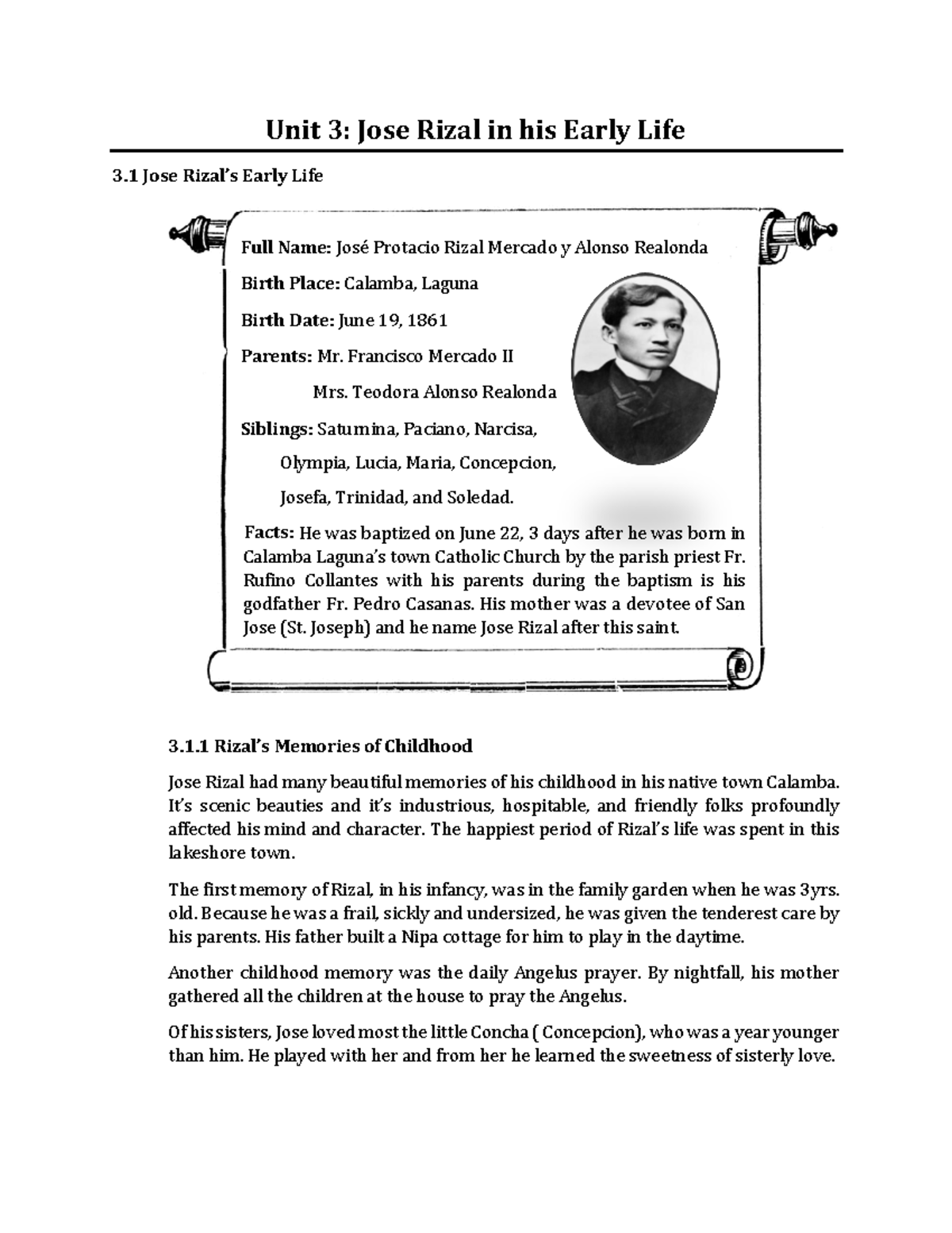 Lifwriz Unit 3 - Lecture notes 3 - Unit 3: Jose Rizal in his Early Life ...