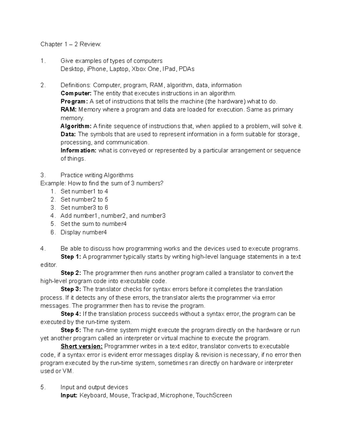 Python Exam 1 Review - Chapter 1 – 2 Review: Give Examples Of Types Of ...