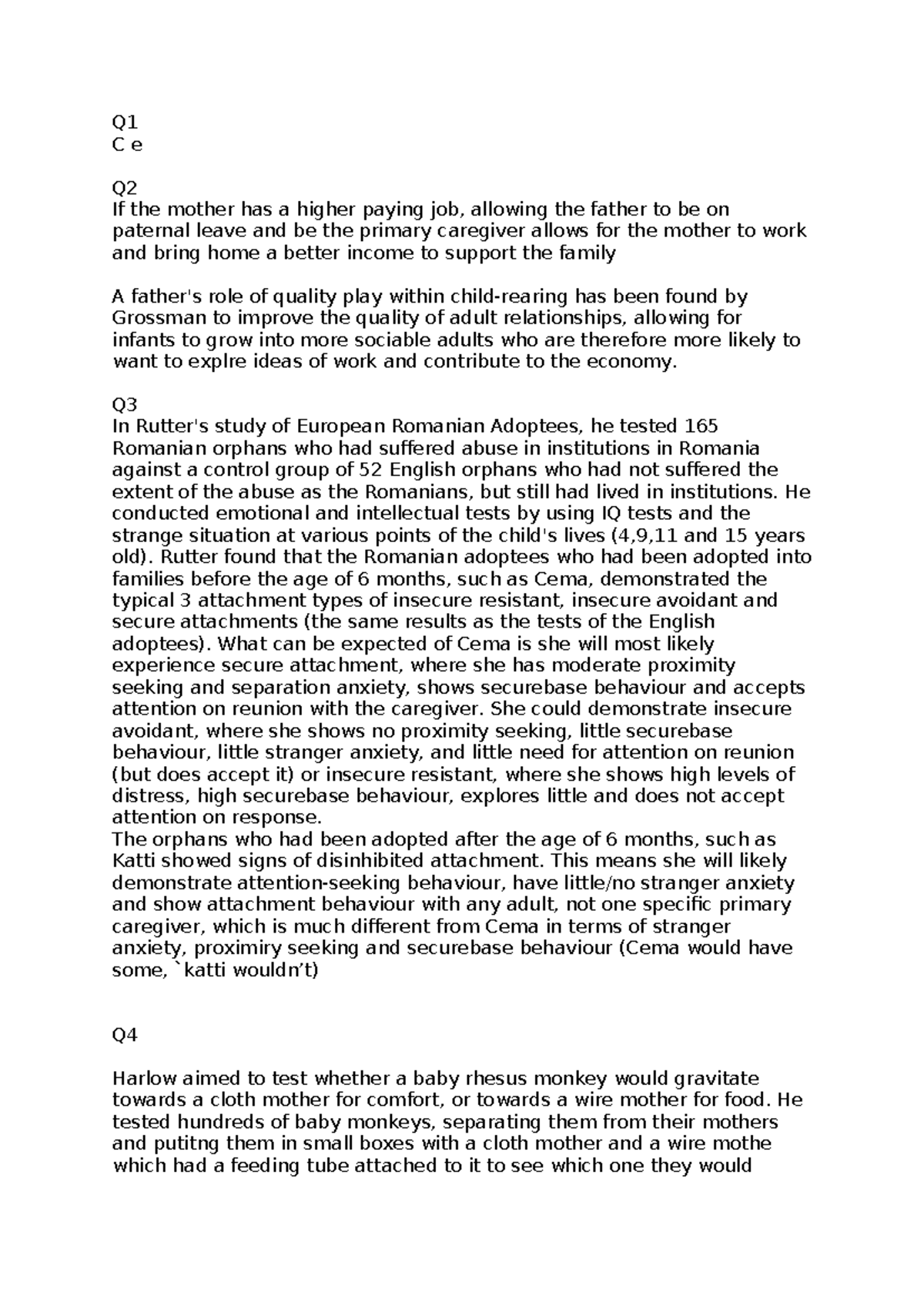 Psych 10102024 - test example answers - Q C e Q If the mother has a ...