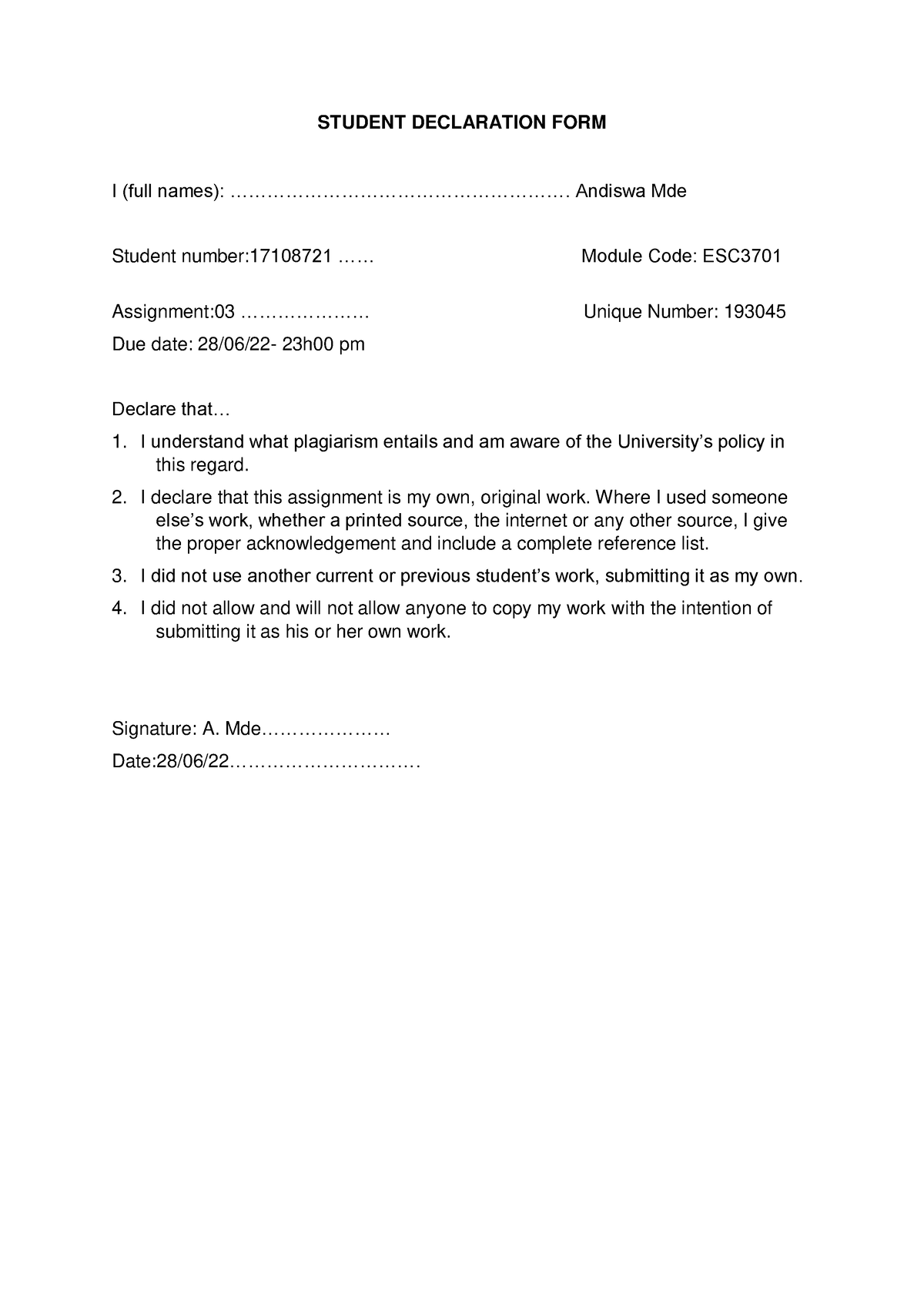 ESC3701 Assigment 03- 193045 - STUDENT DECLARATION FORM I (full Names ...