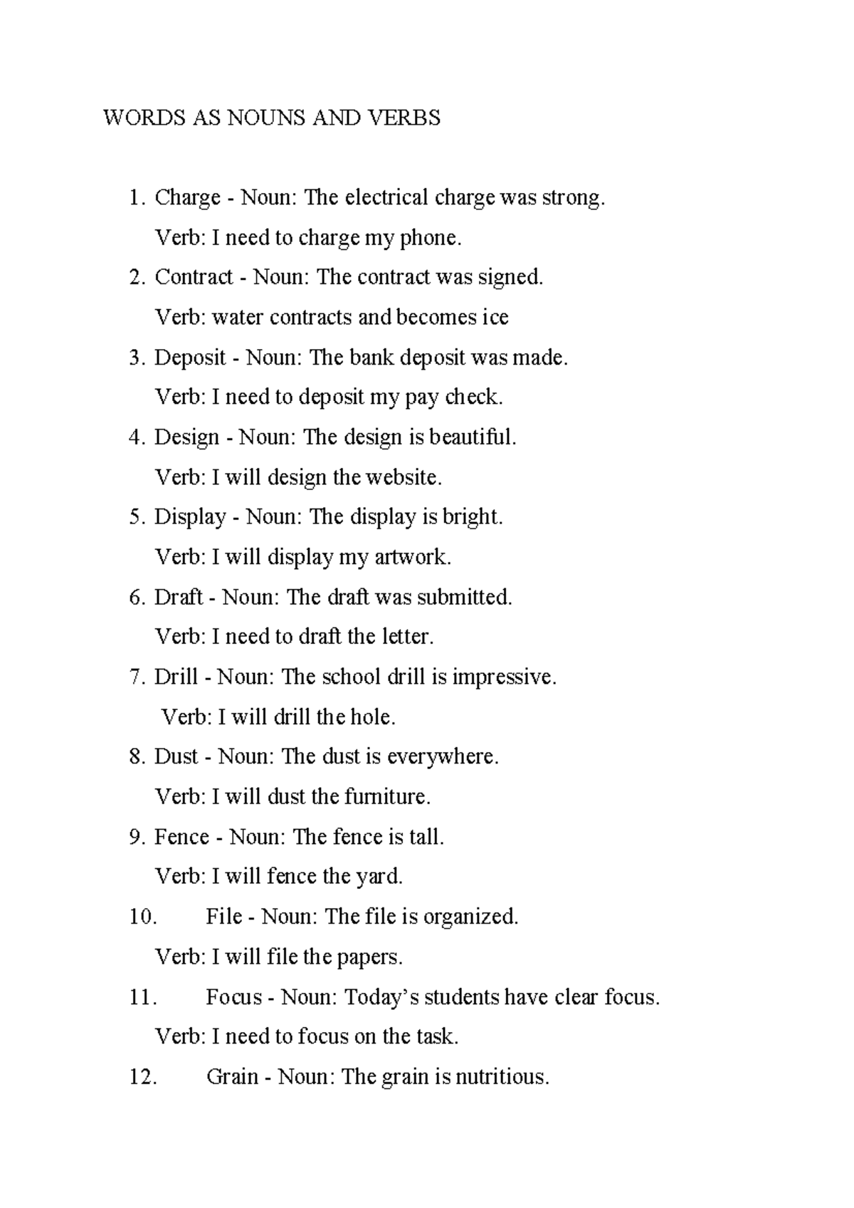 Words AS Nouns & Verbs - NOtes for english - WORDS AS NOUNS AND VERBS ...