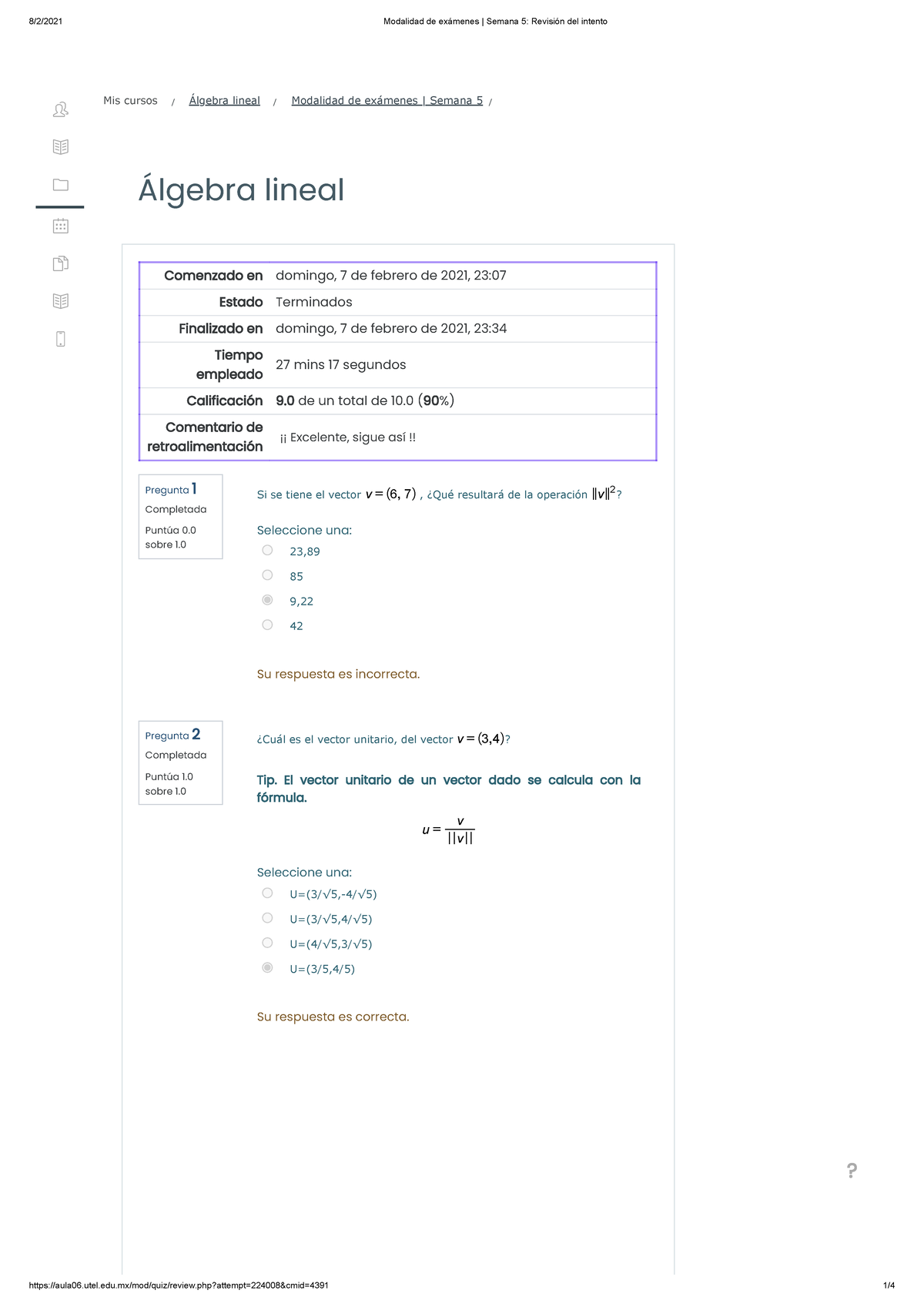 Modalidad De Exámenes Semana 5 Revisión Del Intento - Álgebra Lineal ...
