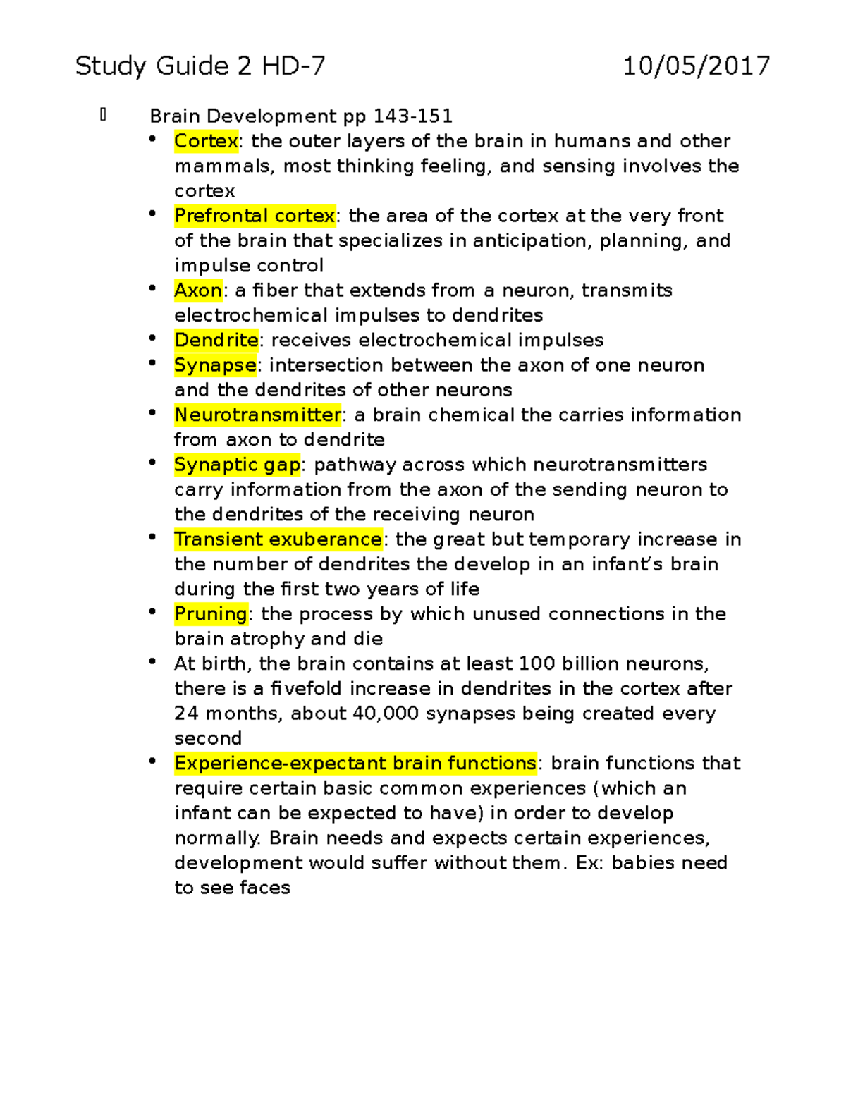 Study Guide 2 HD7 - Study Guide 2 HD-7 10/05/ Brain Development pp 143 ...