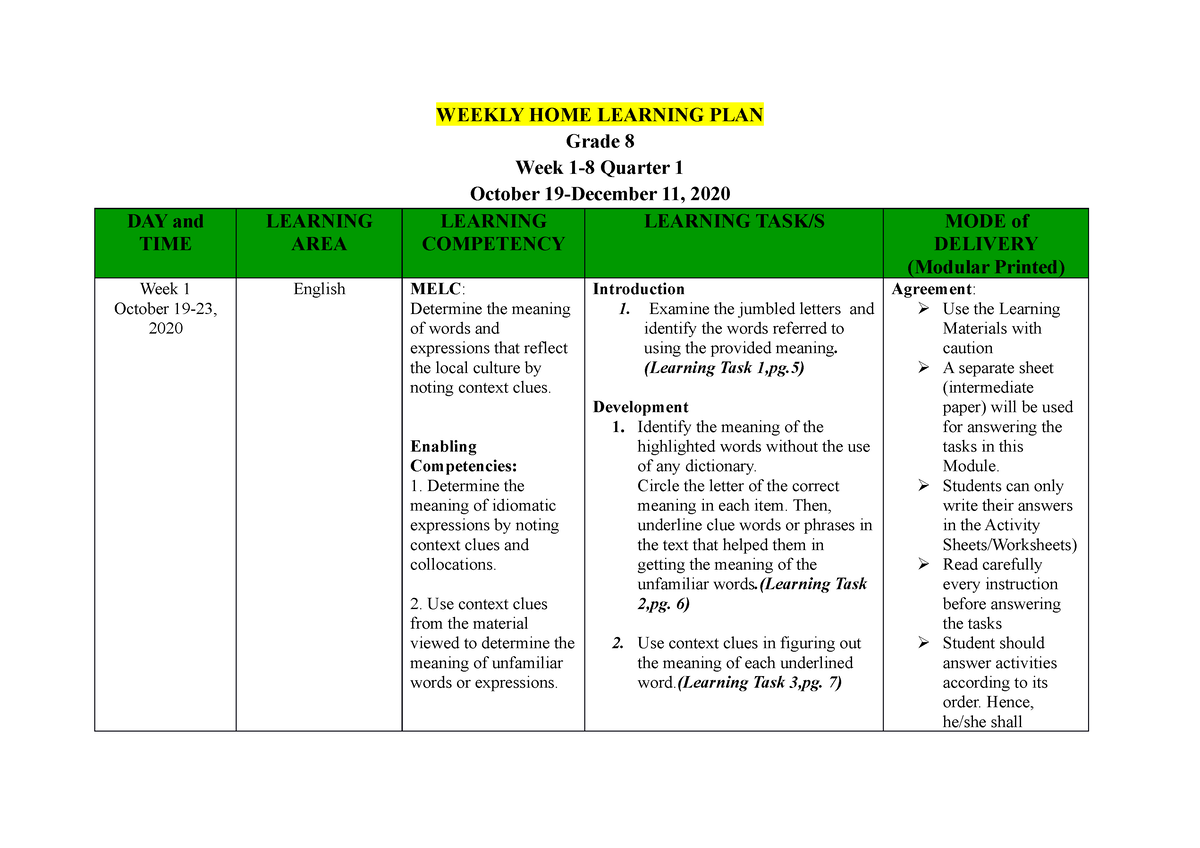 1ST Quarter- English 8 WHLP - WEEKLY HOME LEARNING PLAN Grade 8 Week 1 ...