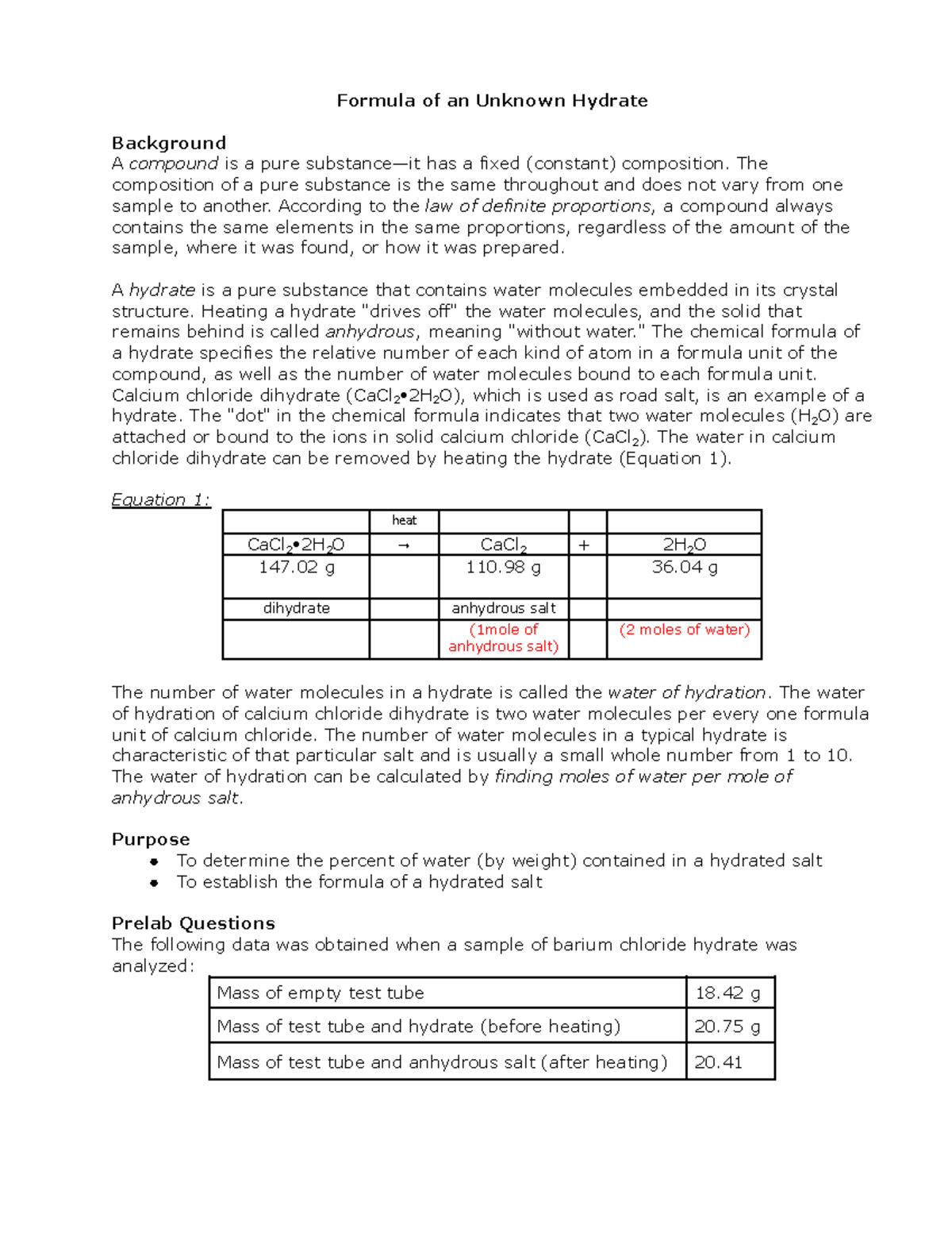 Hydrate Lab Activity chem Formula of an Unknown Hydrate Background