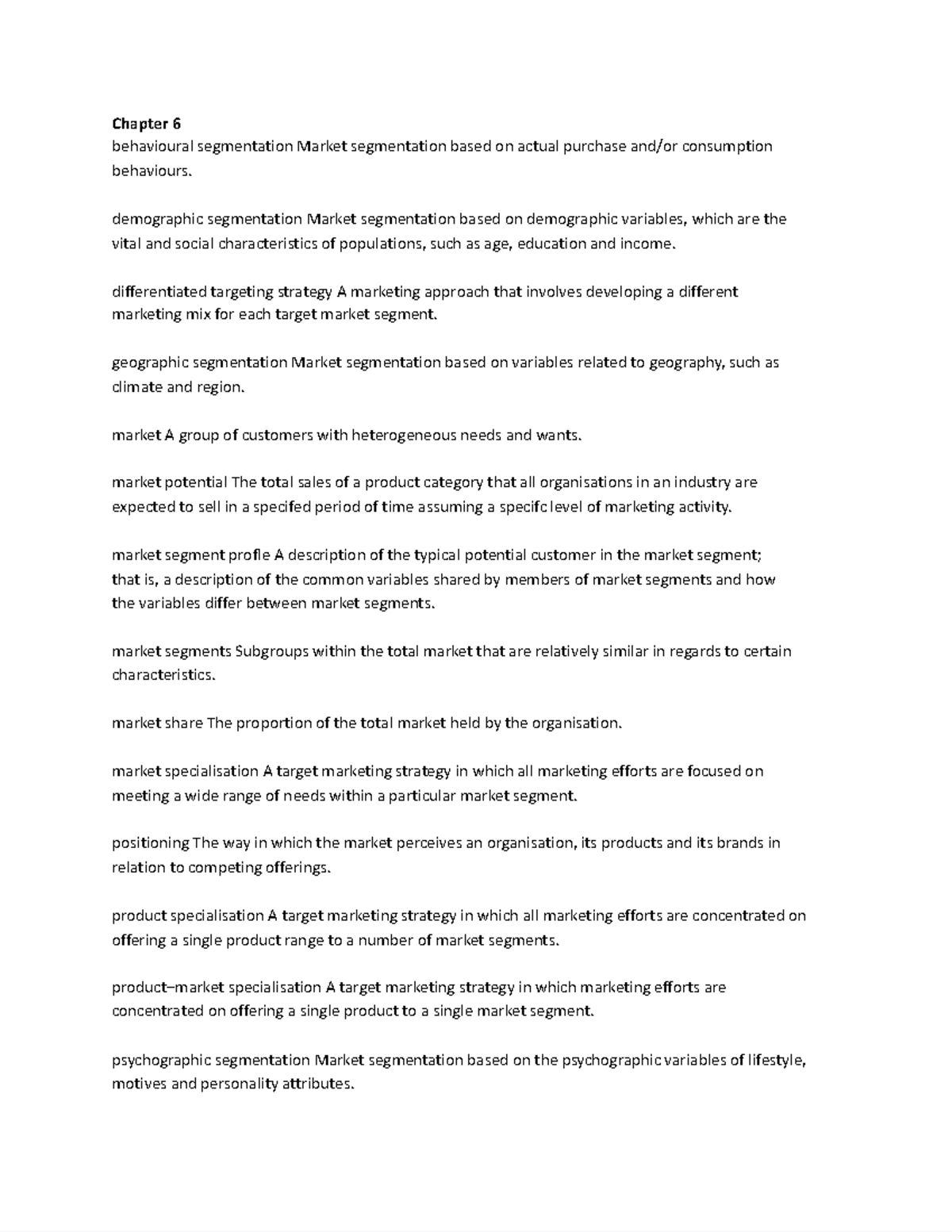 KEY Terms - Chapter 6 - Chapter 6 behavioural segmentation Market ...