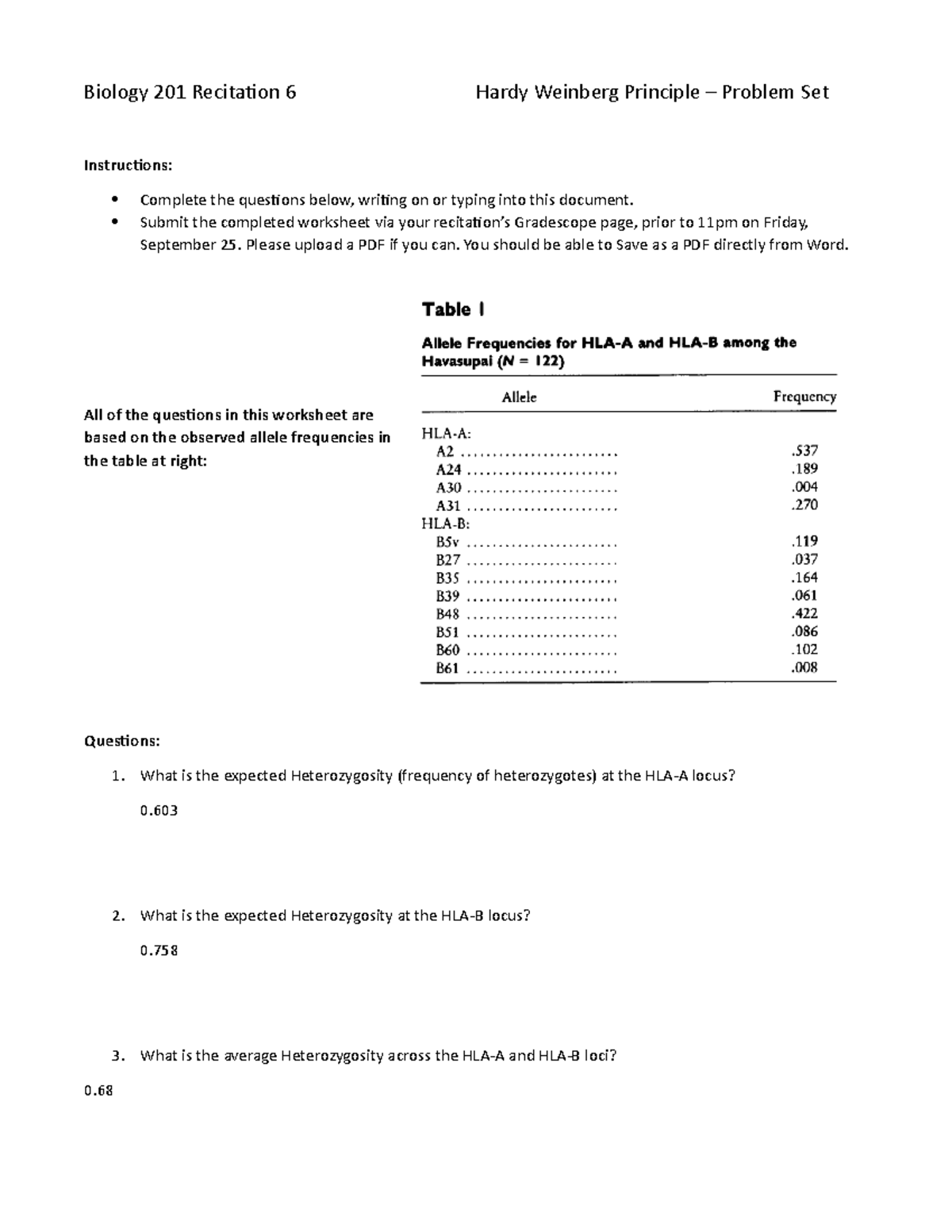 Recitation+6+Worksheet - Biology 201 Recitation 6 Hardy Weinberg ...