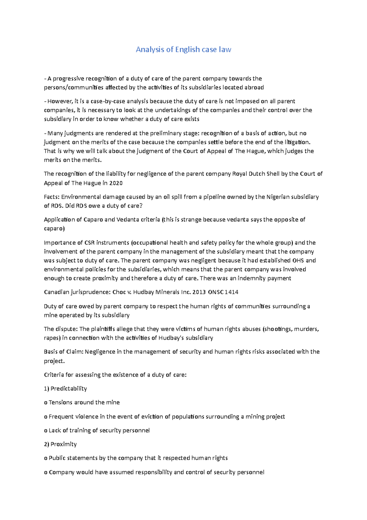 Analysis of English case law That is why we will talk about the