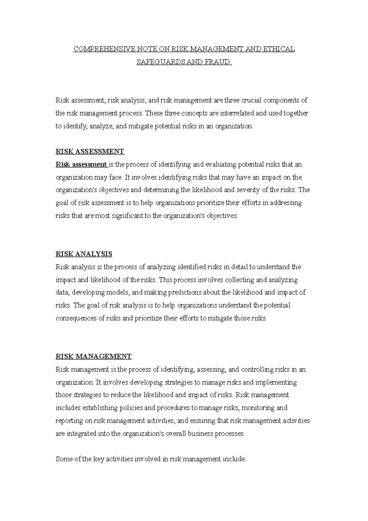 Ethical Safeguard and Fraud COMPREHENSIVE NOTE ON RISK MANAGEMENT AND ETHICAL SAFEGUARDS AND