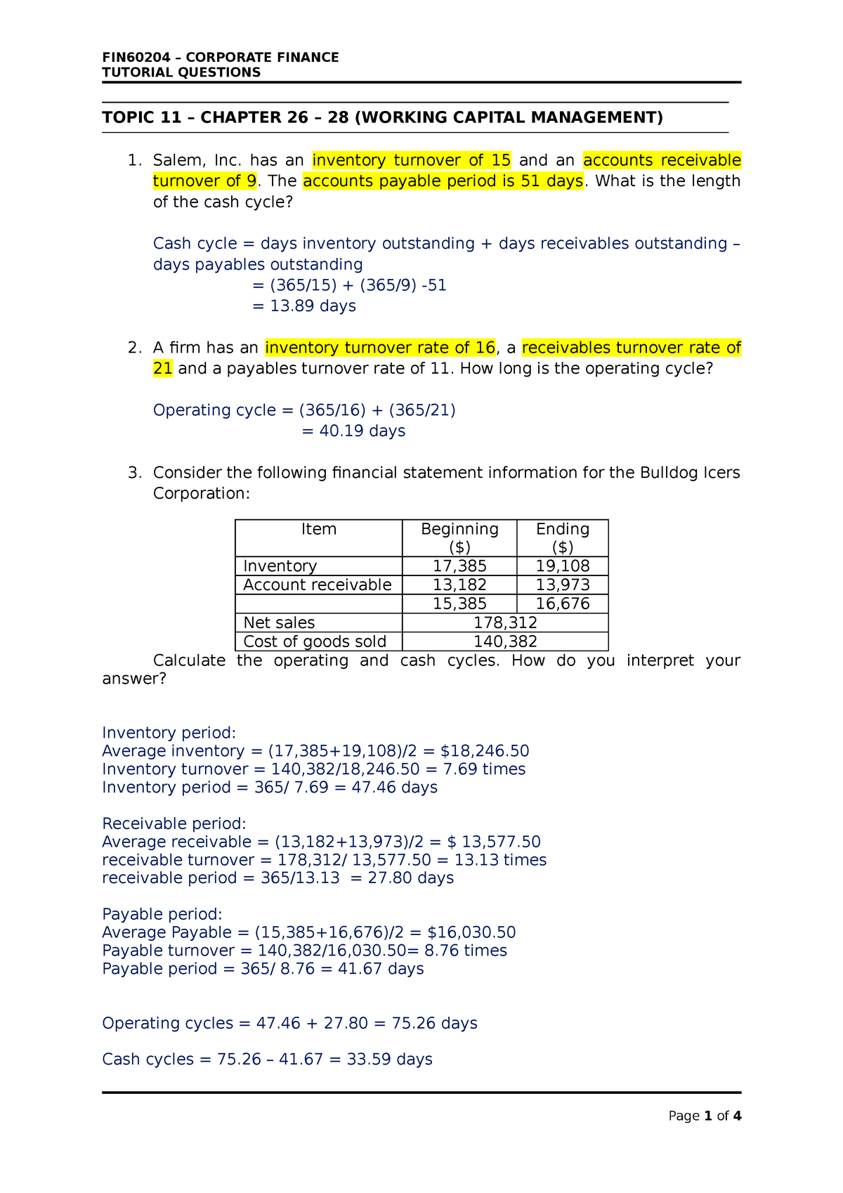 Tutorial 11 - Questions And Answers WORKING CAPITAL MANAGEMENT ...