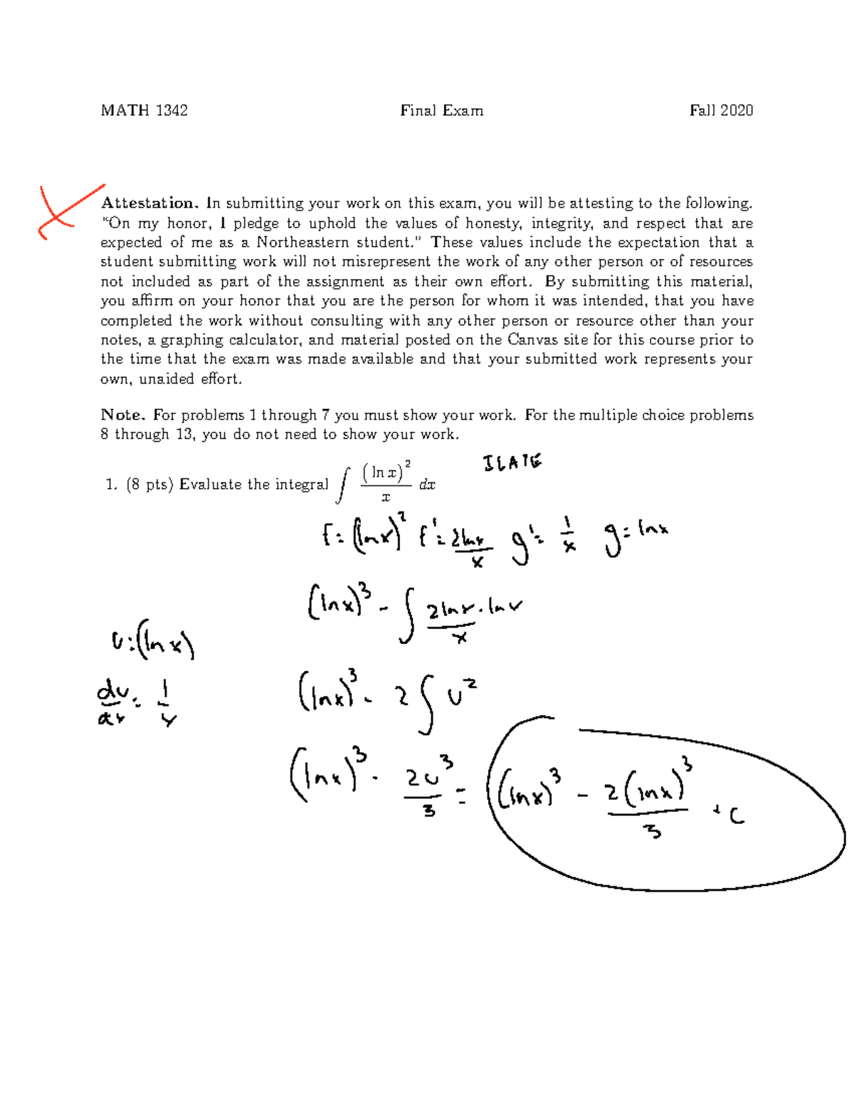 1342 Final EXAM FALL 2020 - MATH 1342 Final Exam Fall 2020 Attestation ...