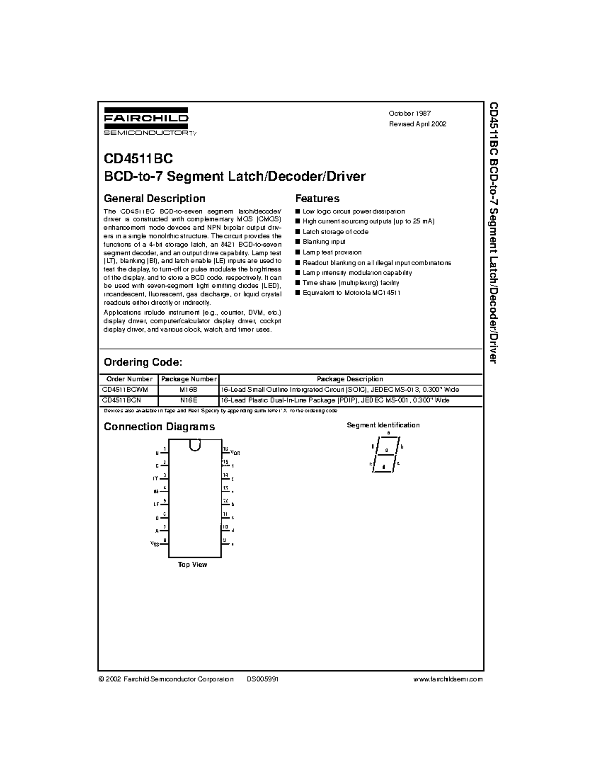 CD4511 7Seg Decoder - For Microcontroller - © 2002 Fairchild ...