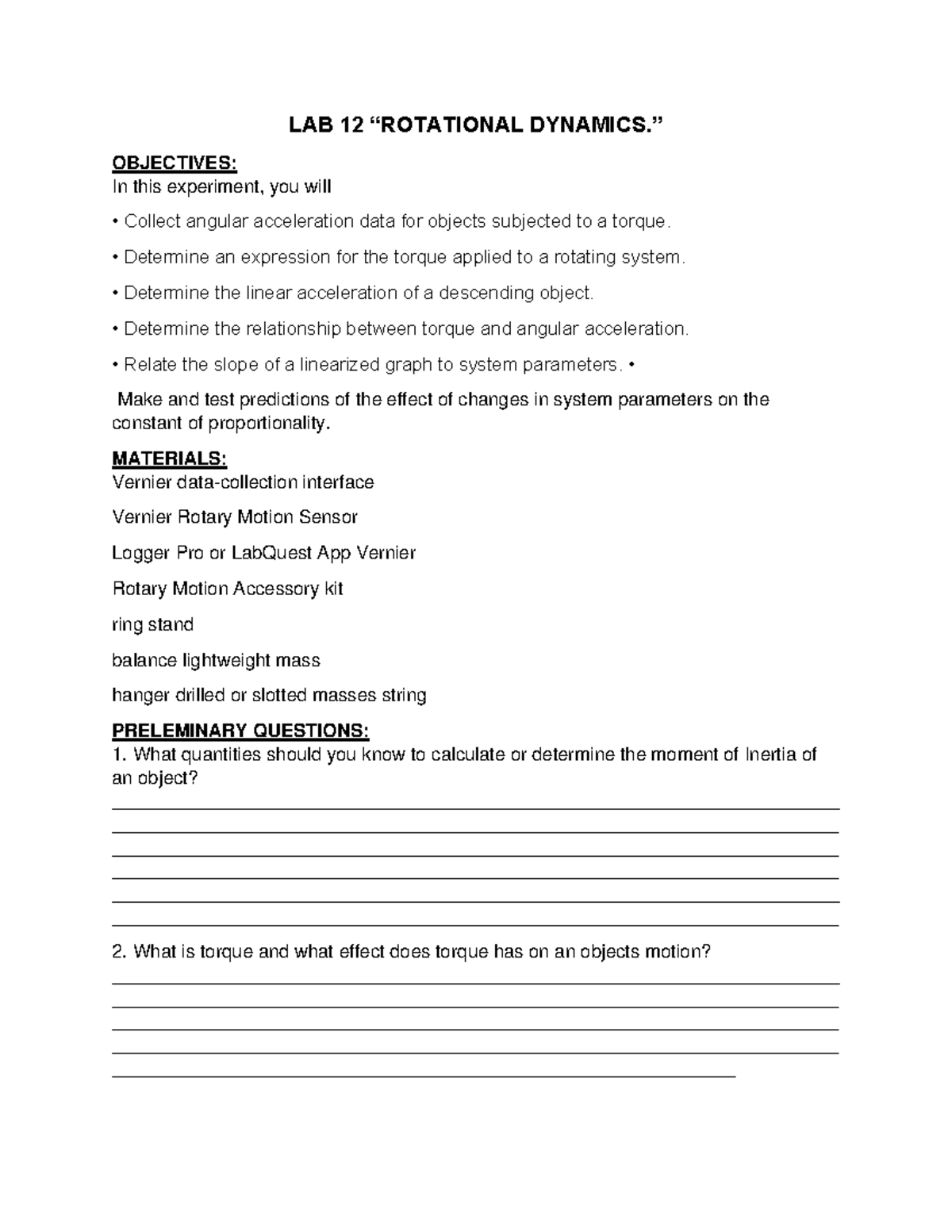 Manual Rotation - Lab - LAB 12 “ROTATIONAL DYNAMICS.” OBJECTIVES: In ...