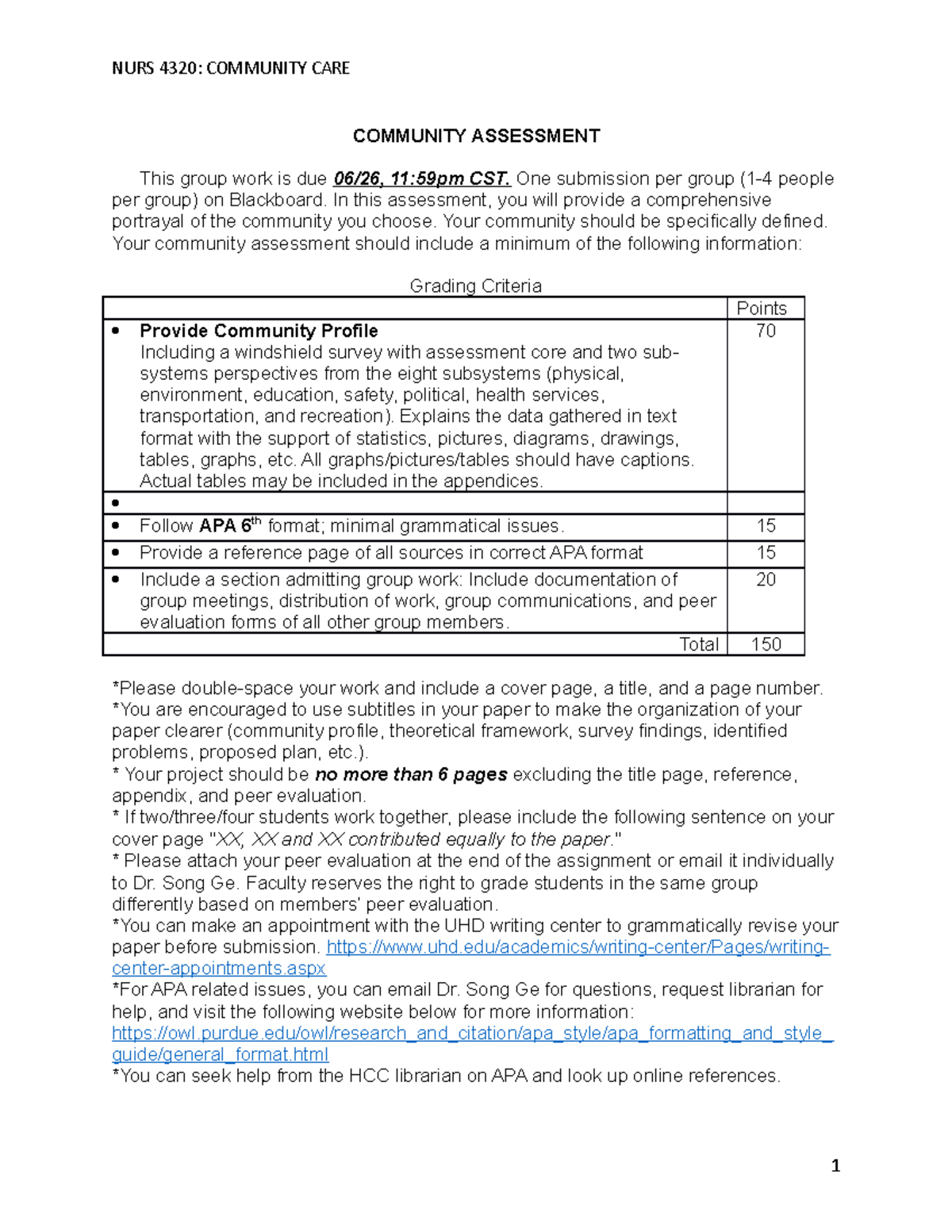 Community Assessment Grading Rubric Revised copy - NURS 4320: COMMUNITY ...