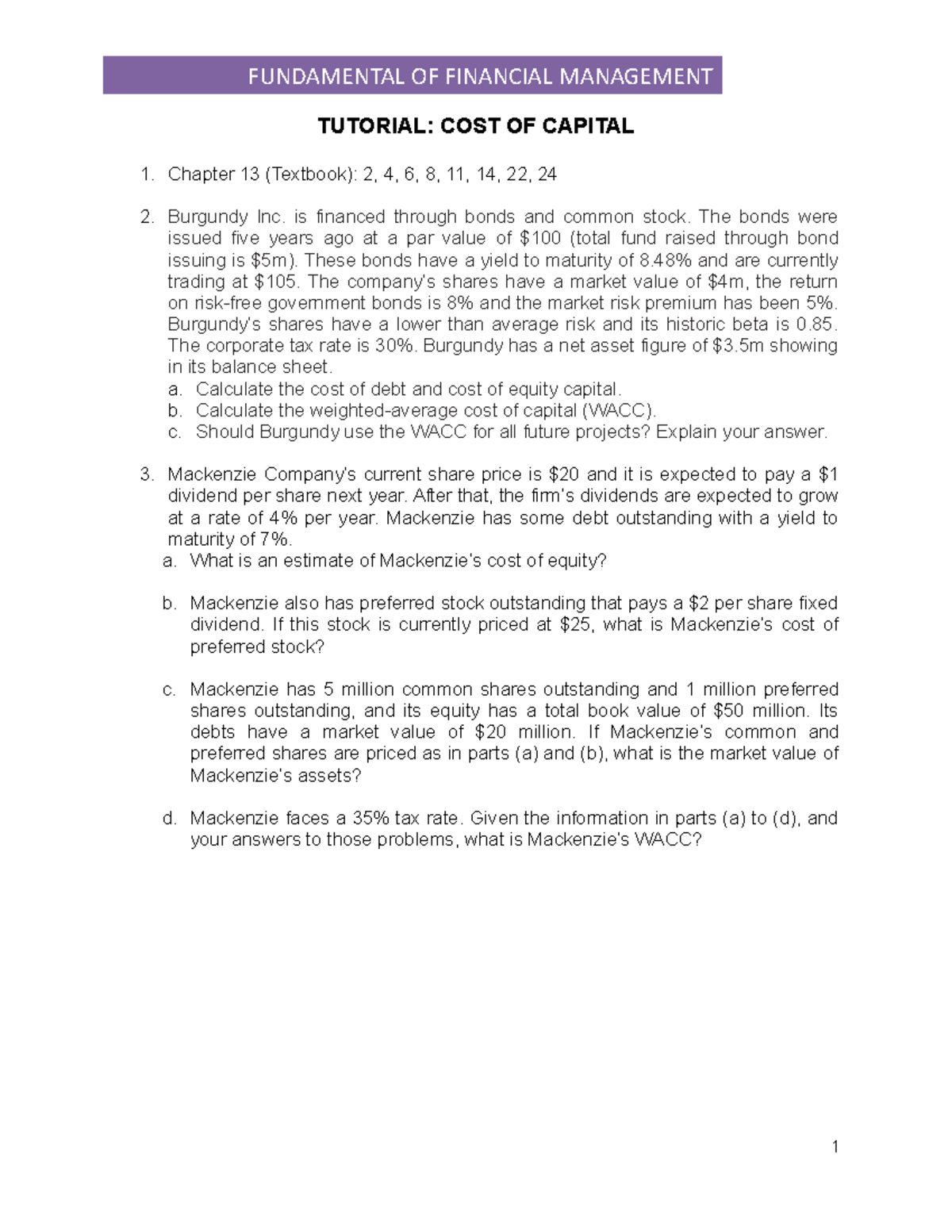 6. Tutorial COST OF Capital - FUNDAMENTAL OF FINANCIAL MANAGEMENT ...