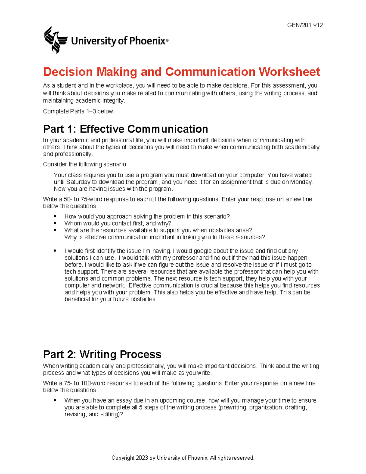 Michael Vitale Communication Worksheet - Gen 201 V Decision Making And 