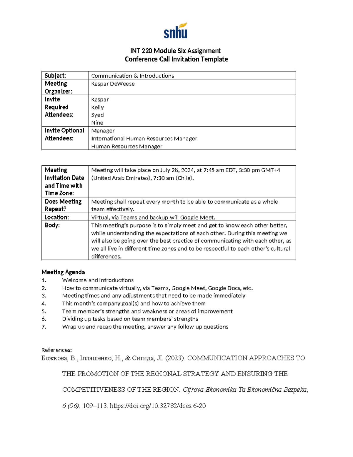 INT 220 Conference Call Invitation - INT 220 Module Six Assignment ...