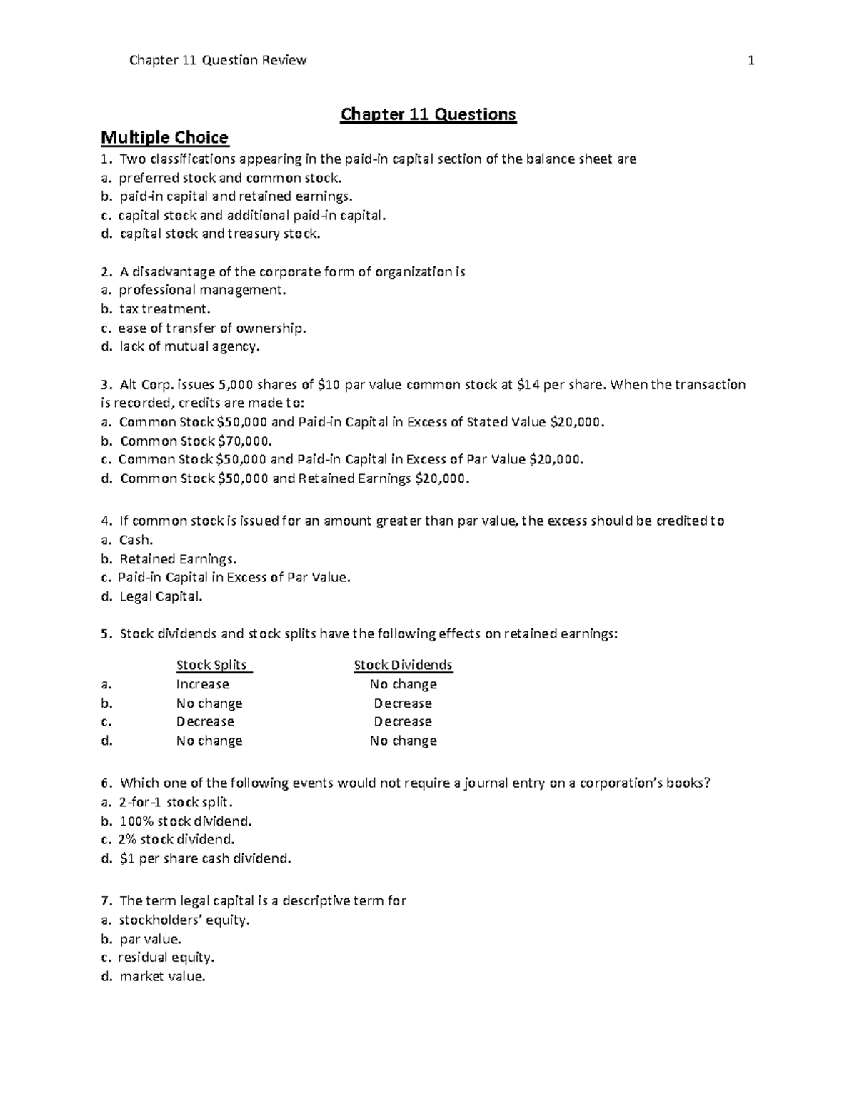 Chapter 11 Question Review - Chapter 11 Questions Multiple Choice Two ...