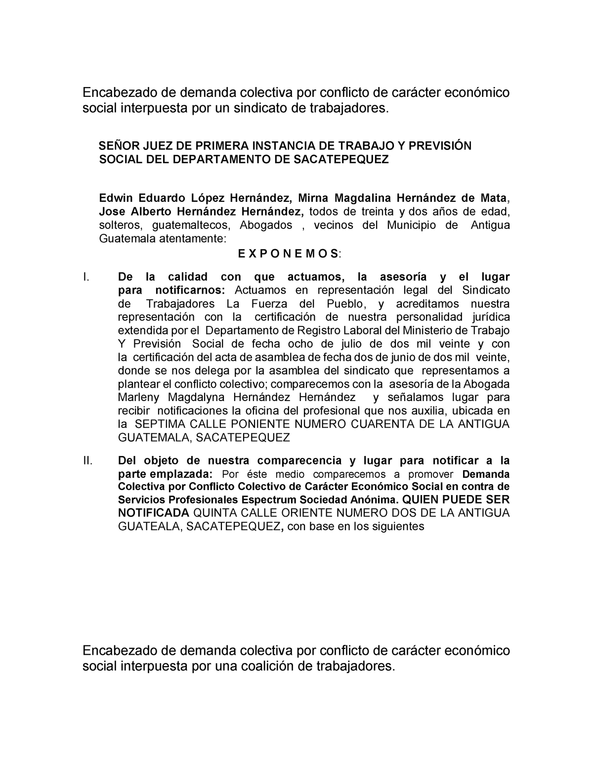 Demanda Colectiva Laboral Encabezado de demanda colectiva por