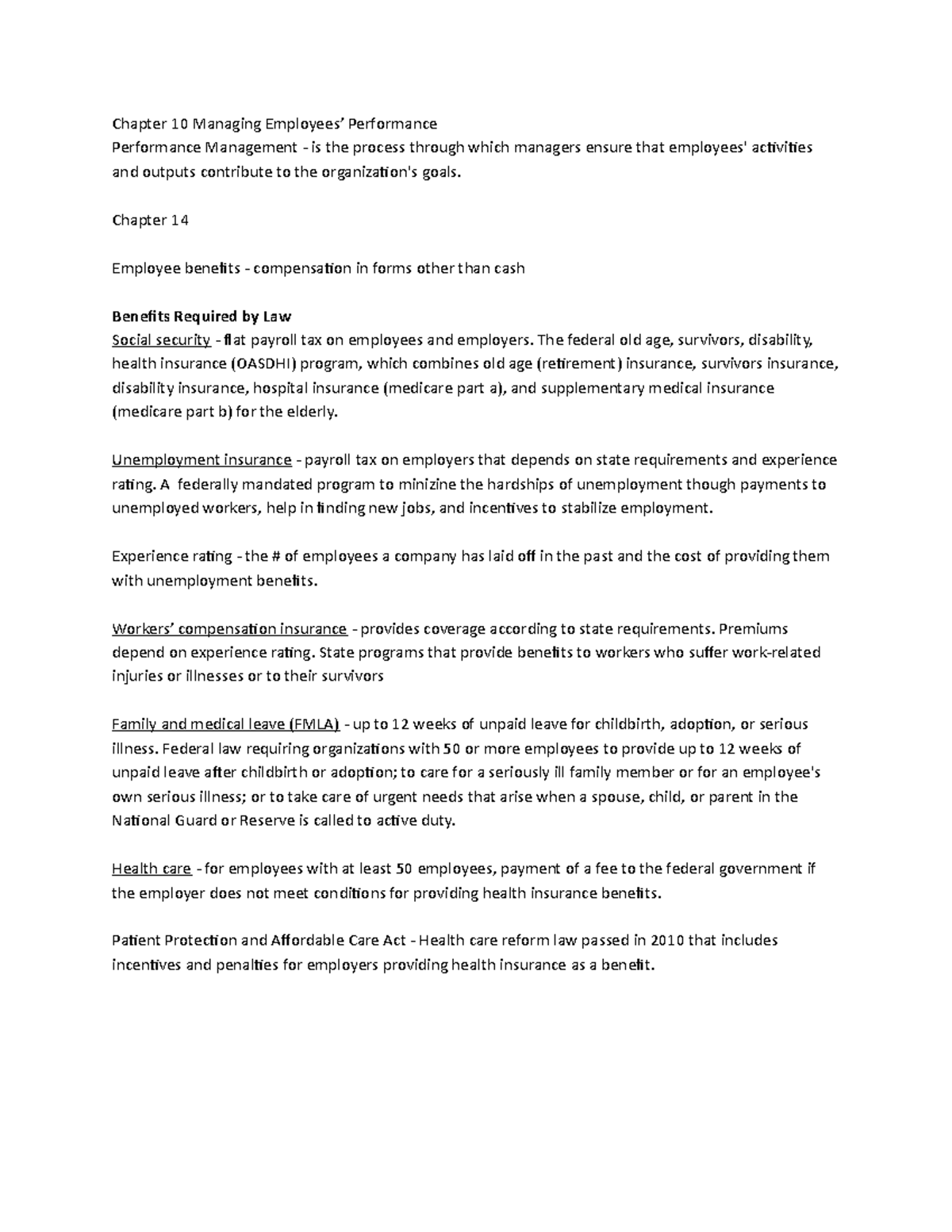 Chapters 10-14 & 16 Study Guide - Chapter 10 Managing Employees ...