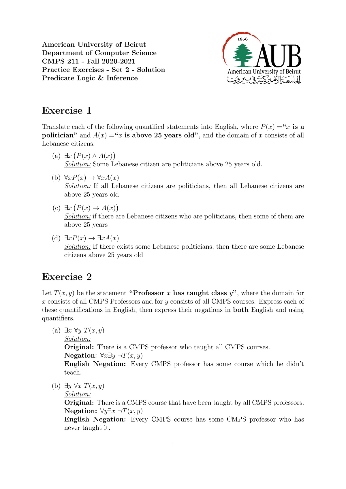 Practice Exercises Set 2 - Solution - American University Of Beirut ...