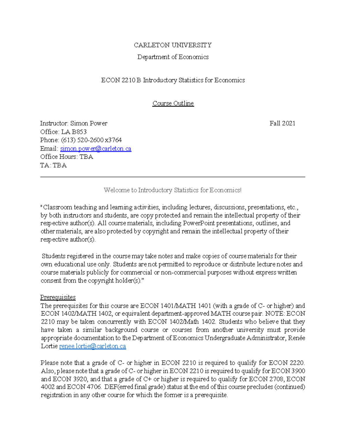 1 - Notes - CARLETON UNIVERSITY Department Of Economics ECON 2210 B ...