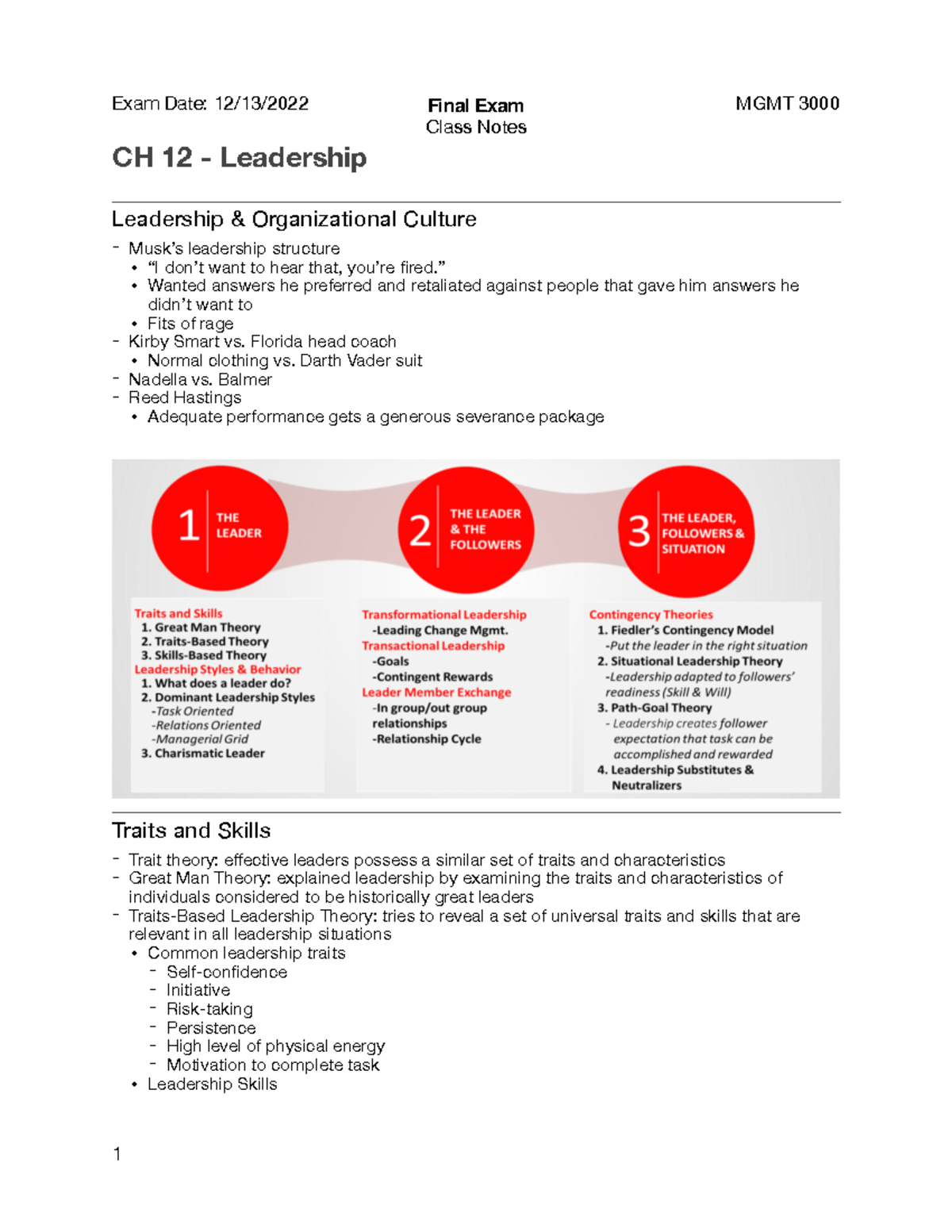 Exam 3 Class Notes - Lyons MGMT 3000 - Class Notes CH 12 - Leadership ...