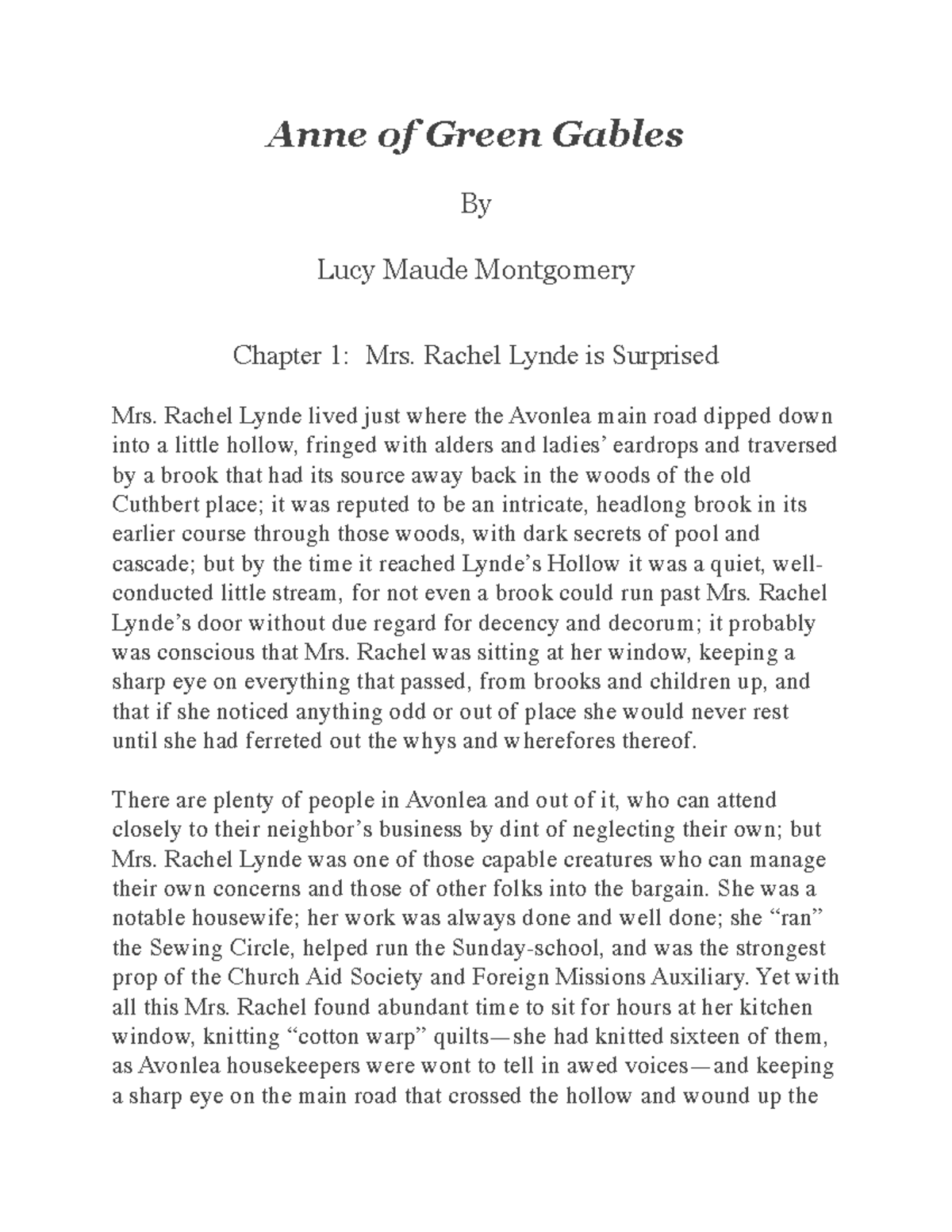 Anne of green gables 001 chapter 1 mrs rachel lynde is surprised Anne