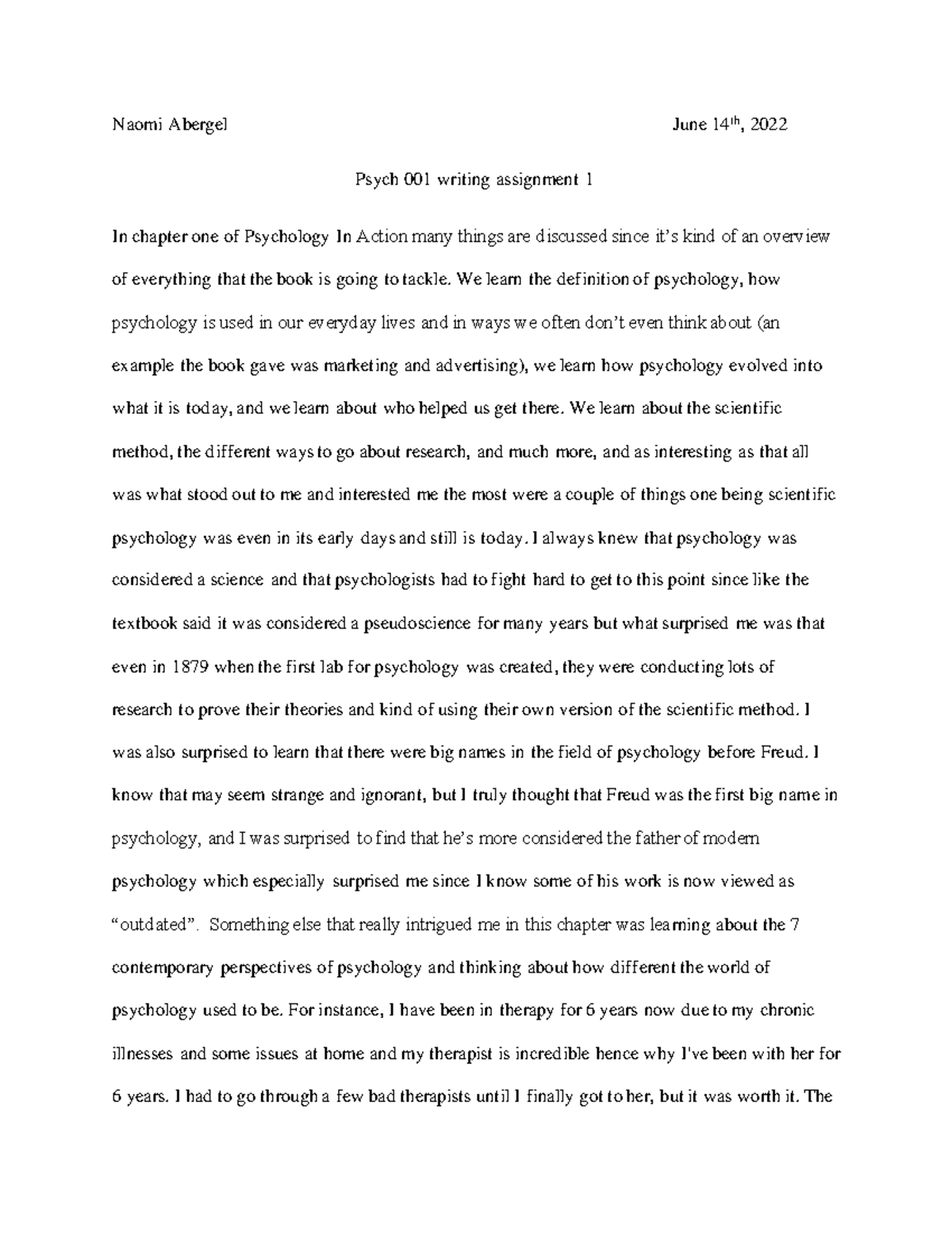 Psych writing assignment 1 Naomi Abergel June 14th, 2022 Psych 001
