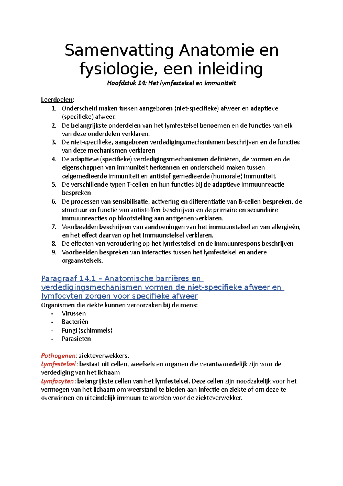 Samenvatting Anatomie En Fysiologie, Een Inleiding H14 - Het ...