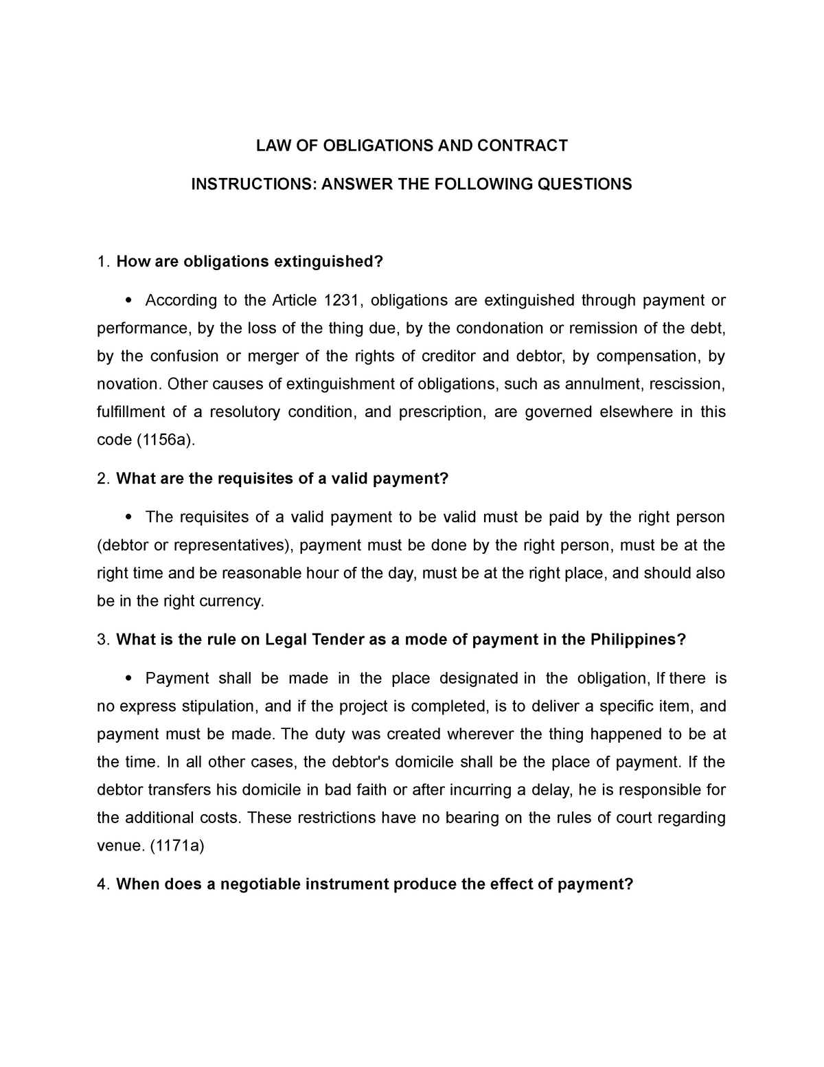 obligations and contracts essay questions