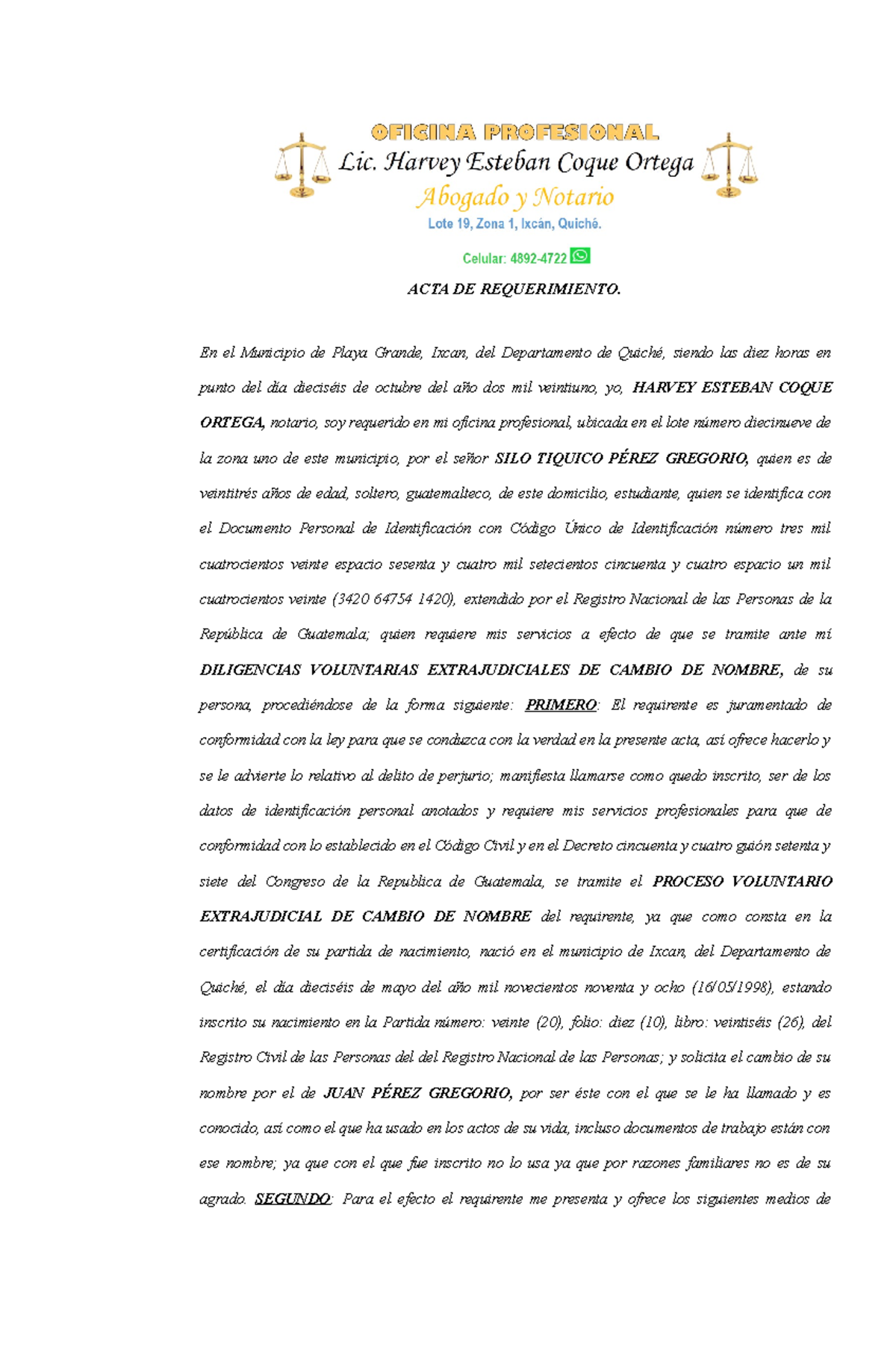 Acta De Requerimiento De Cambio De Nombre Formato Del Doc Nery Roberto