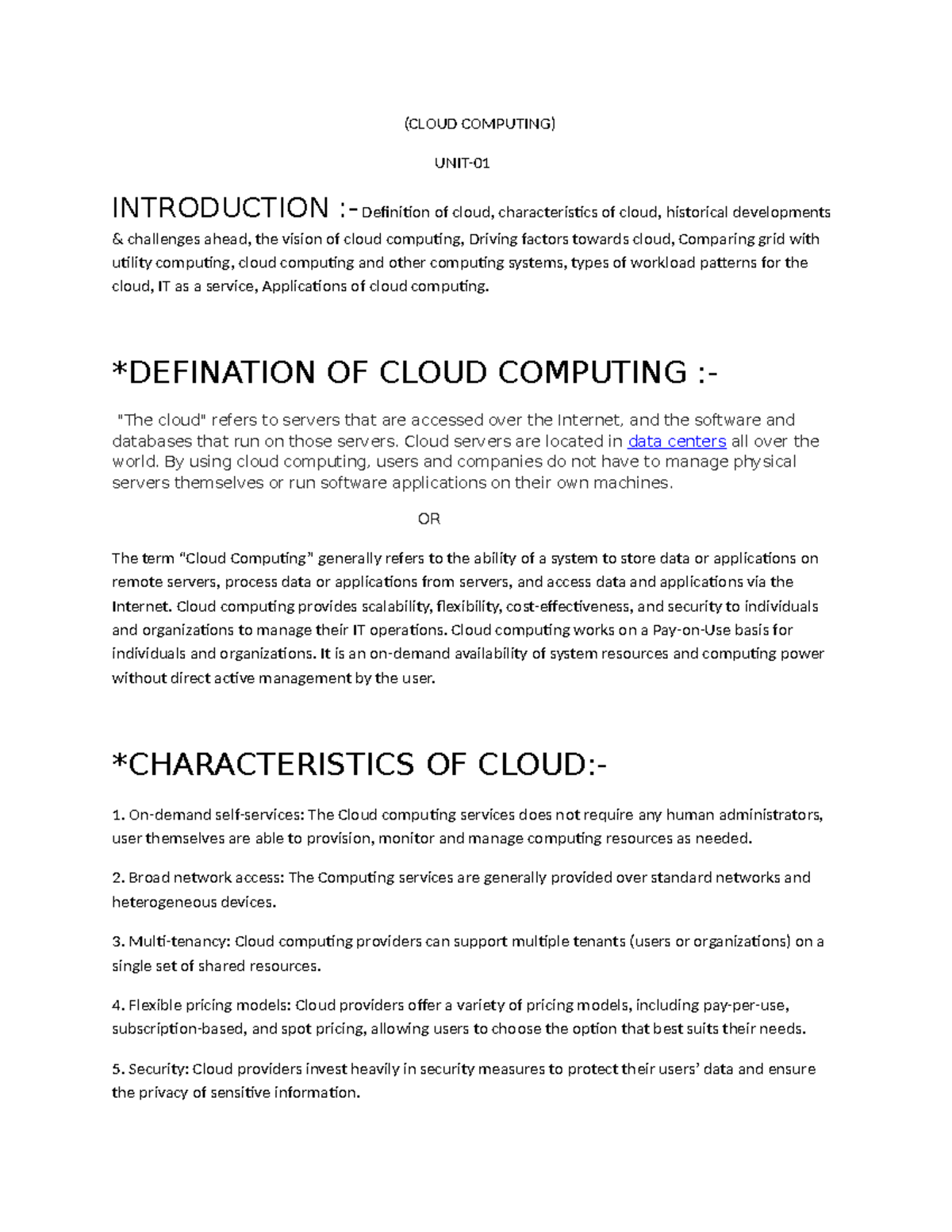 Cloud Computing UNIT 01 - ####### (CLOUD COMPUTING) ####### UNIT ...