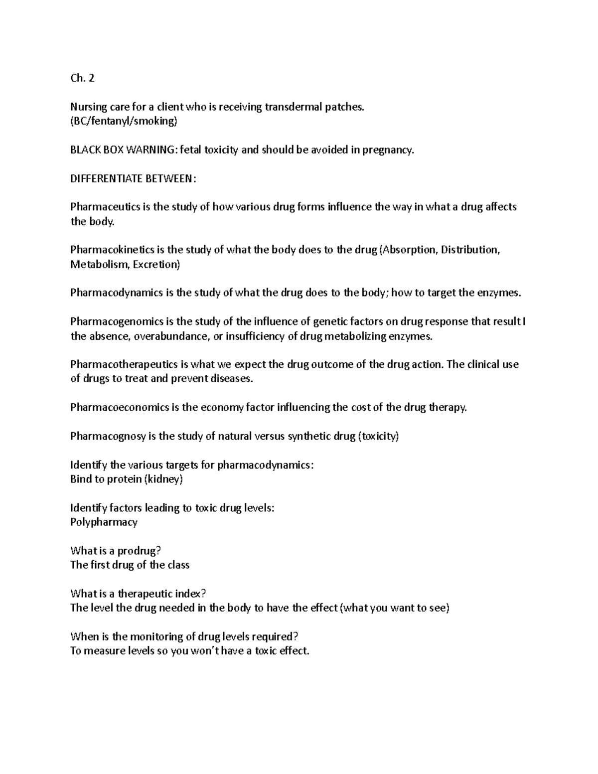 Pharm notes exam 1 - Exam 1 Study Guide - Ch. 2 Nursing care for a ...