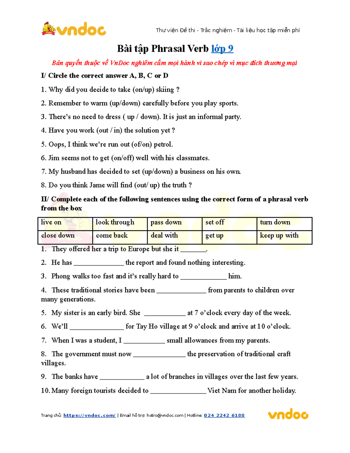 Bai tap phrasal verb lop 9 Bài tập Phrasal Verb lớp 9 Bản quyền thuộc