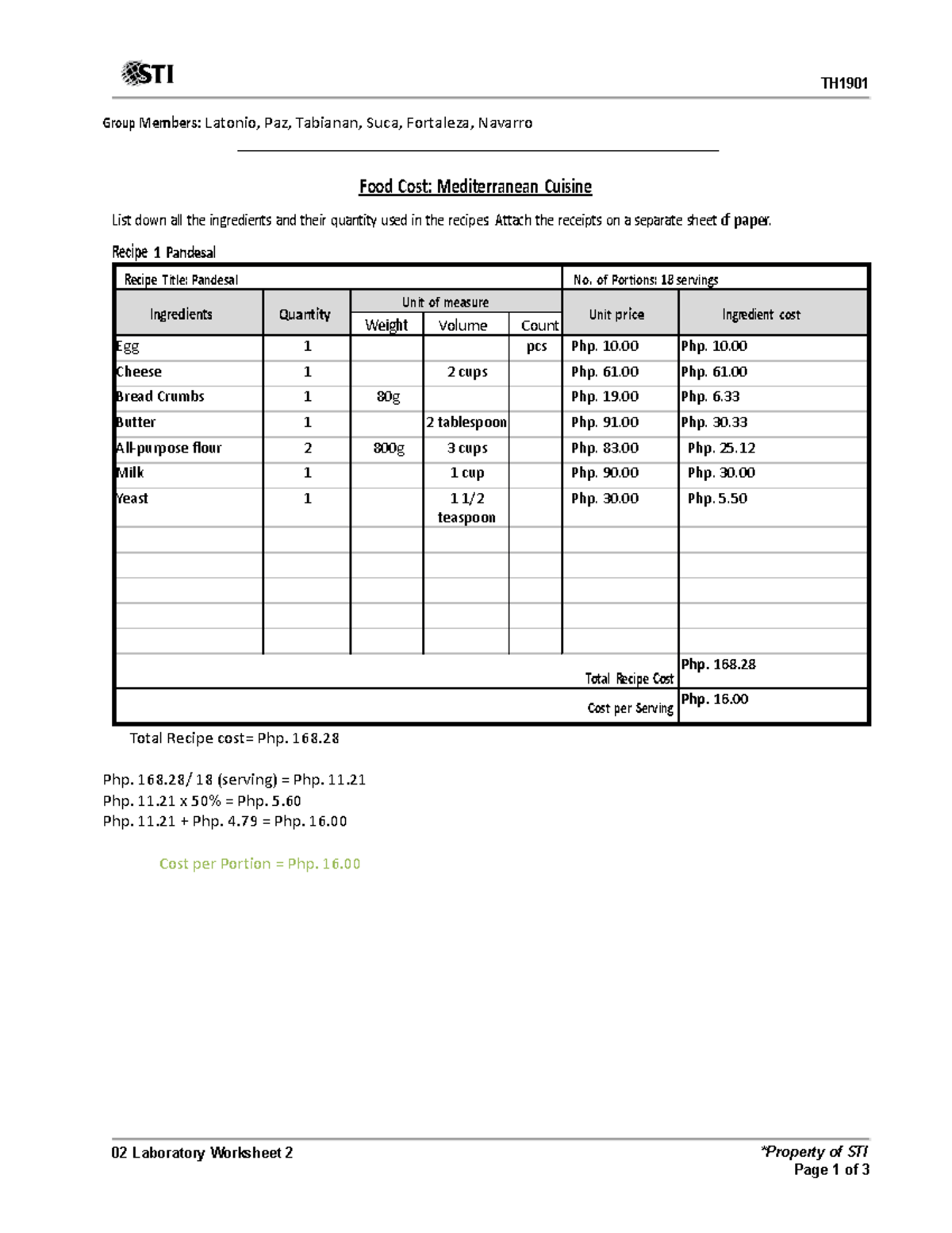 Pandesal-Costing - Hehehehe - Group Members: Latonio, Paz, Tabianan ...