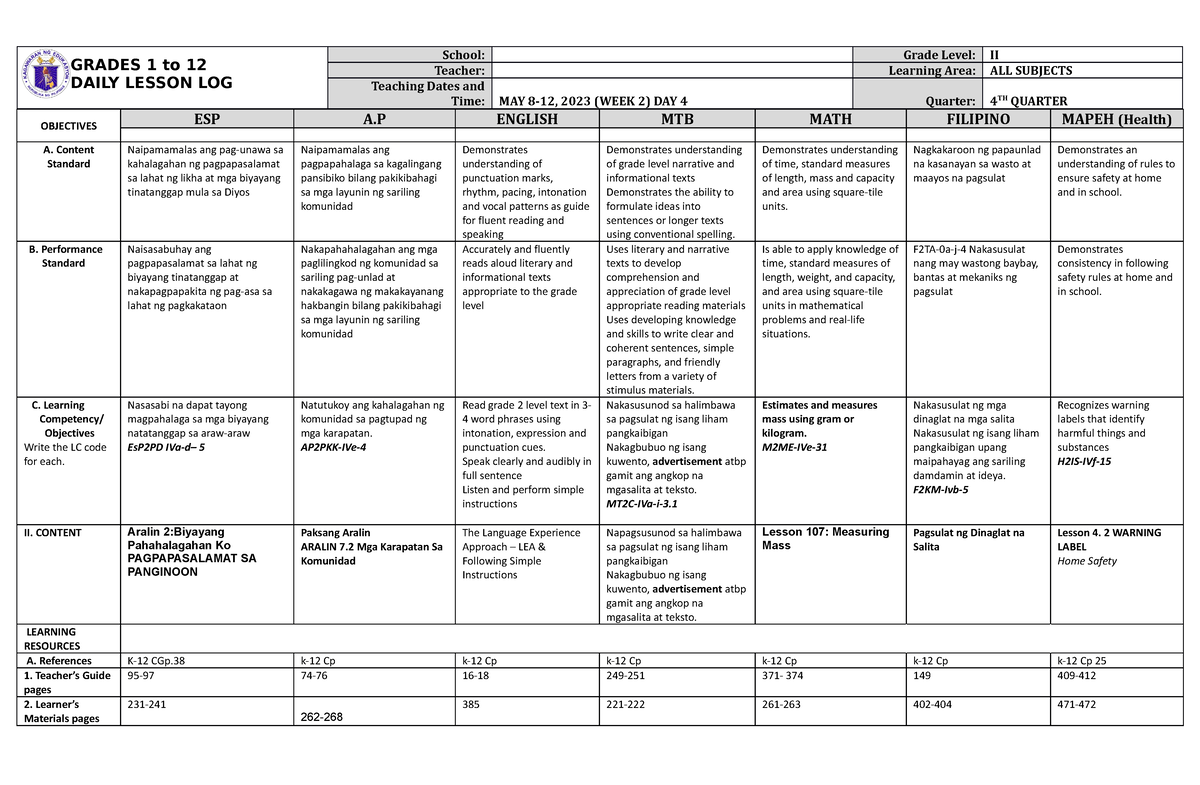 Dll All Subjects 2 Q4 W2 D4 Grades 1 To 12 Daily Lesson Log School Grade Level Ii Teacher 3366