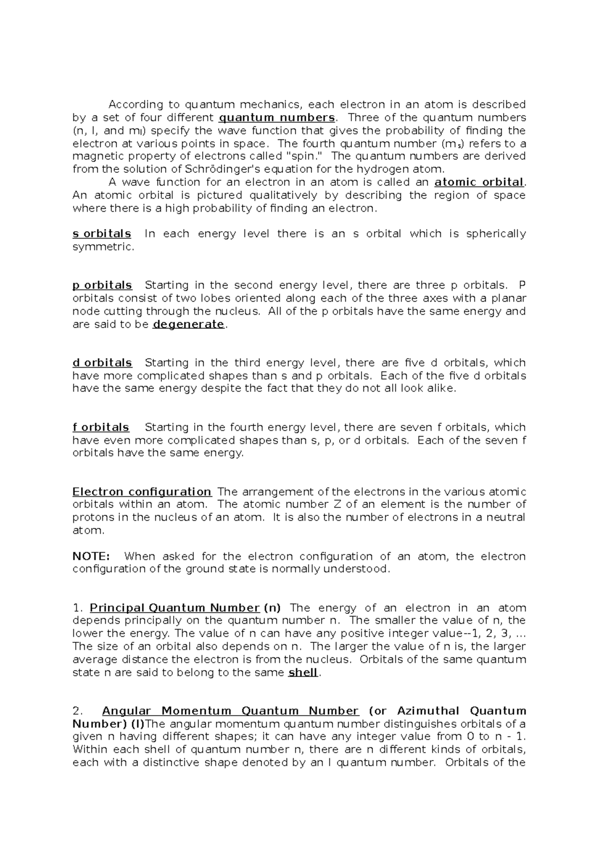 CHEM210 Quantum Numbers Manual According To Quantum Mechanics Each 