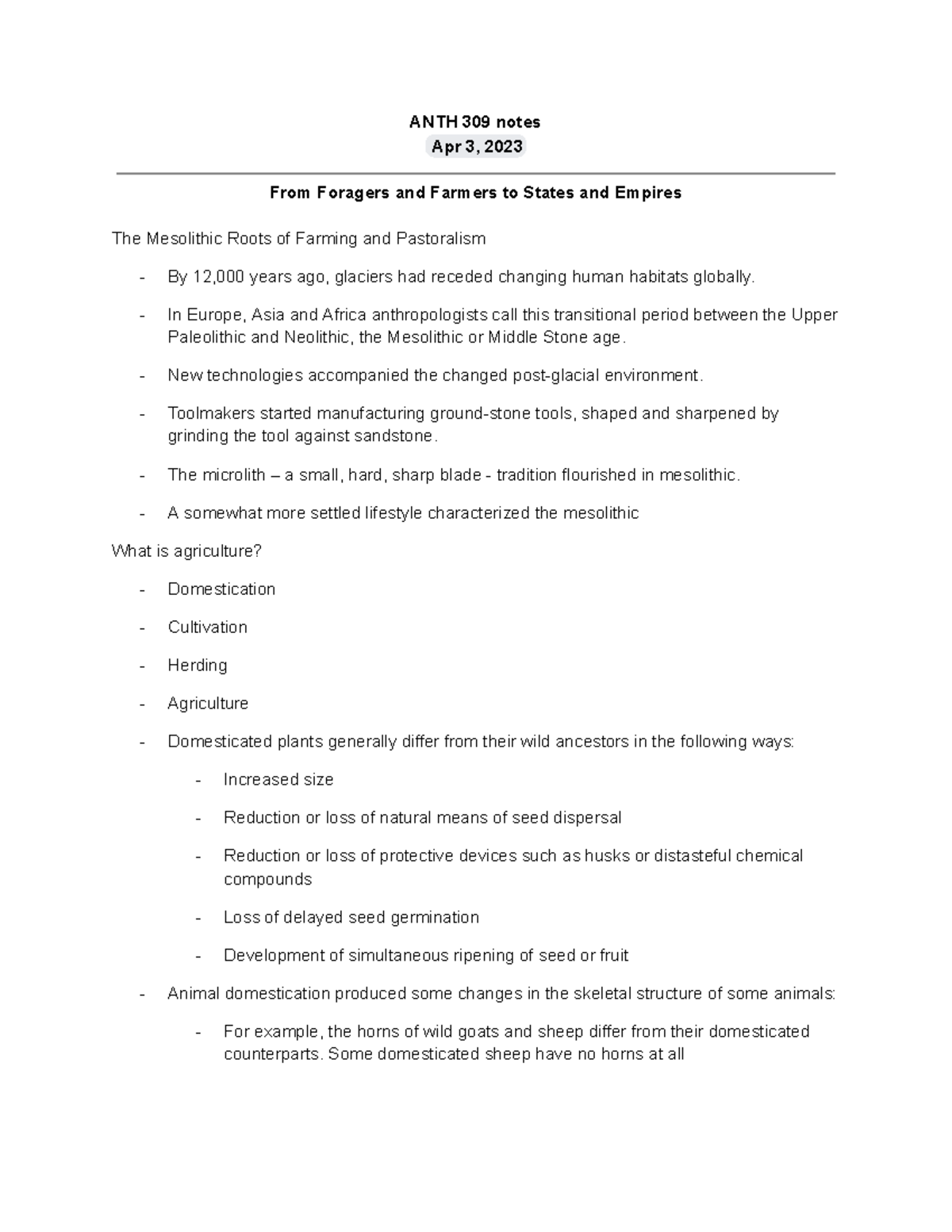 ANTH 309 notes 4 3-3 - ANTH 309 notes Apr 3, 2023 From Foragers and ...