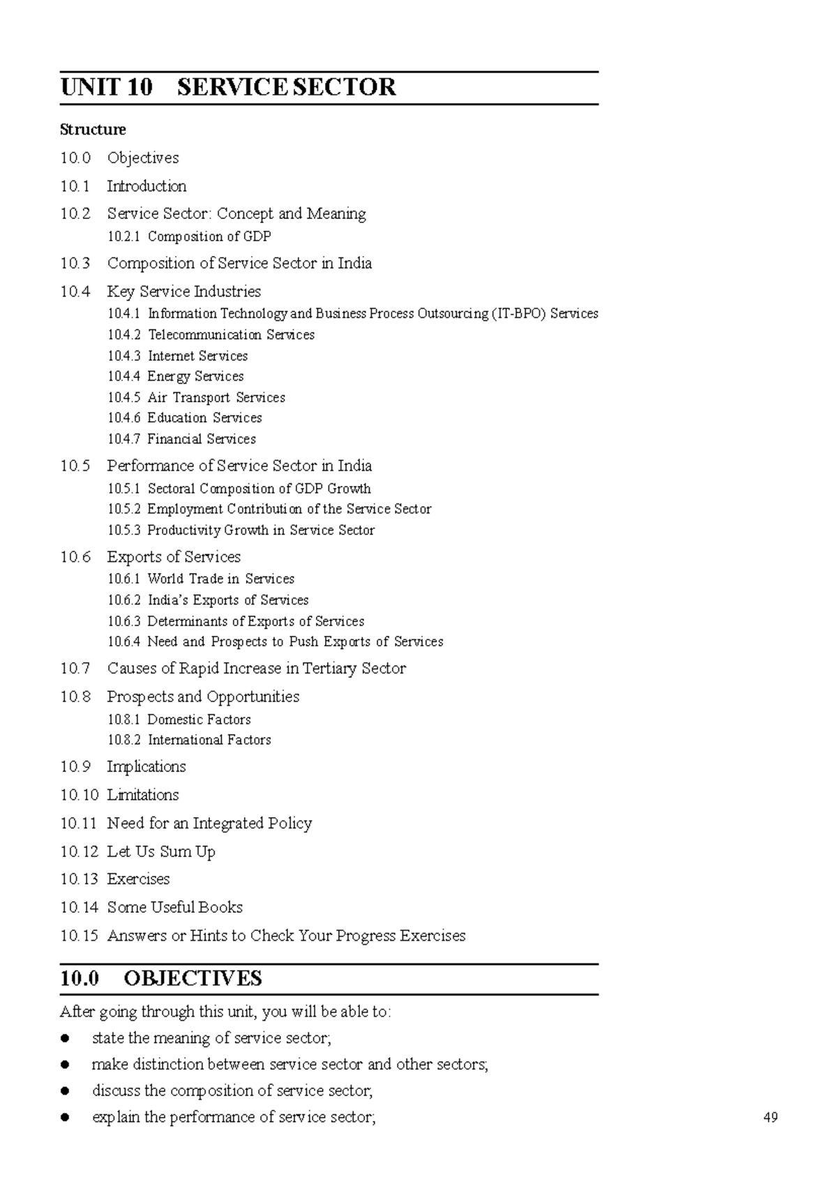 Unit-10 - 49 UNIT 10 SERVICE SECTOR Structure 10 Objectives 10 ...
