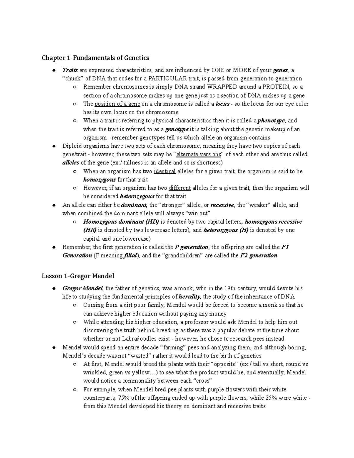Mendelian Genetics - Chapter 1-Fundamentals of Genetics Traits are ...