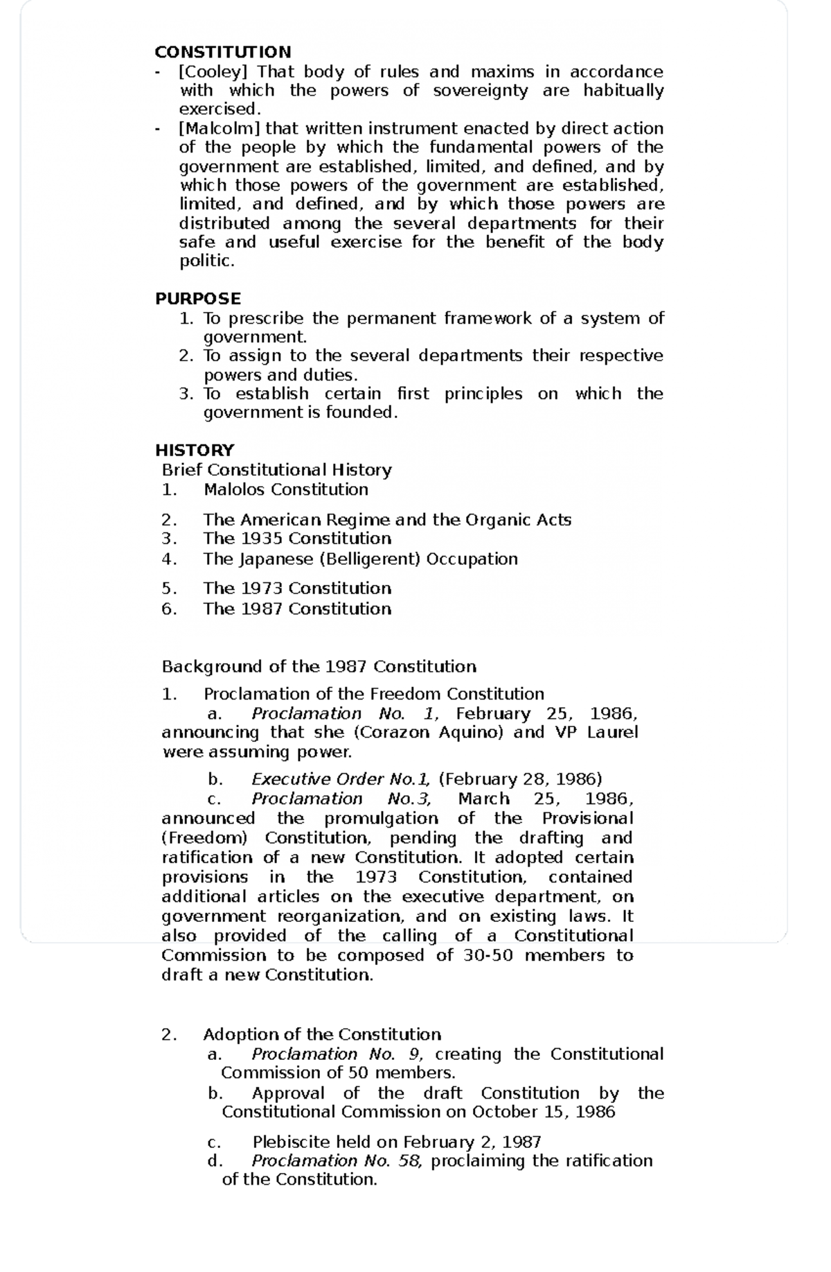 Constitution - brief lecture notes - CONSTITUTION [Cooley] That body of ...