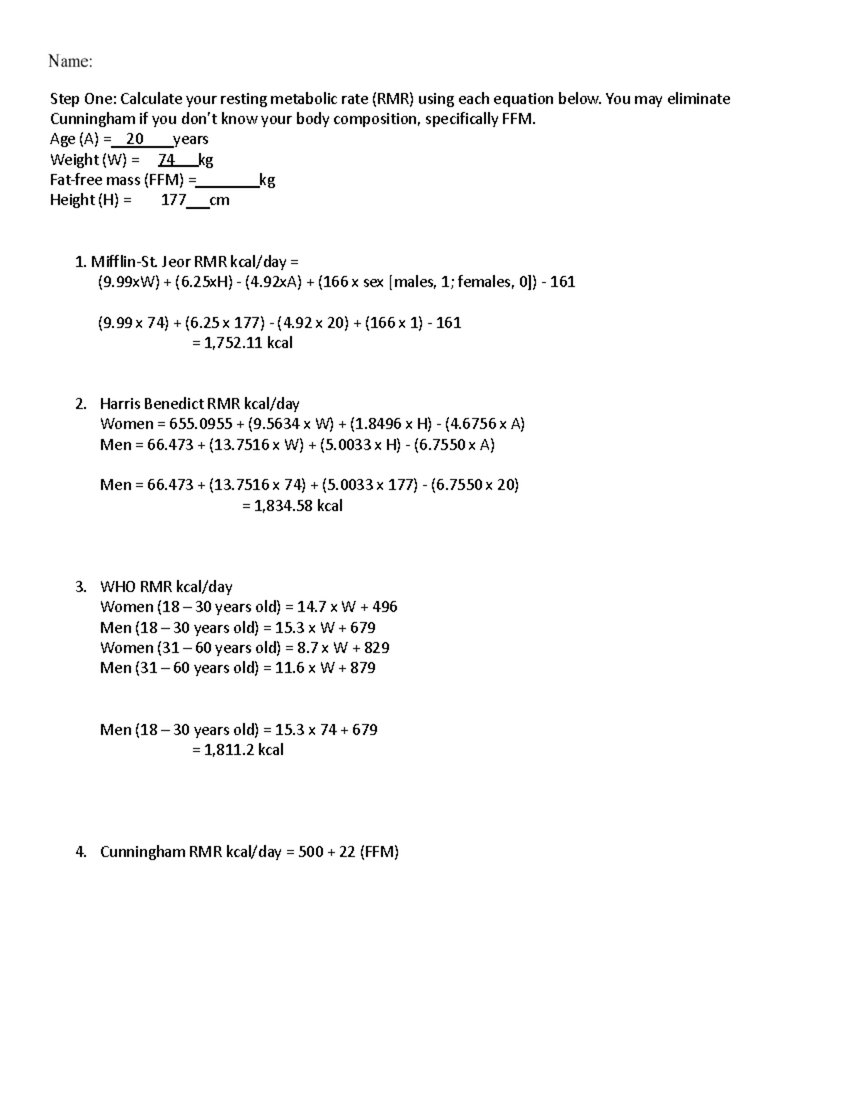 Energy Needs Calculation Worksheet - Step One: Calculate your resting ...