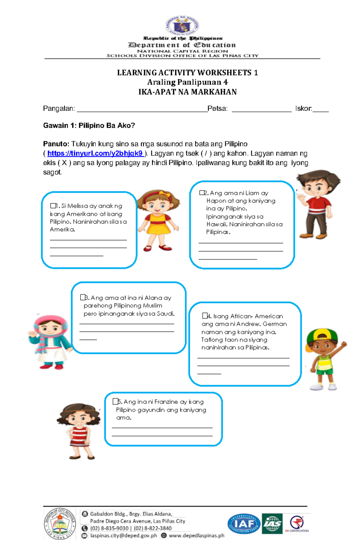 AP Grade 4 Quarter 4 LAW 1 - LEARNING ACTIVITY WORKSHEETS 1 Araling ...