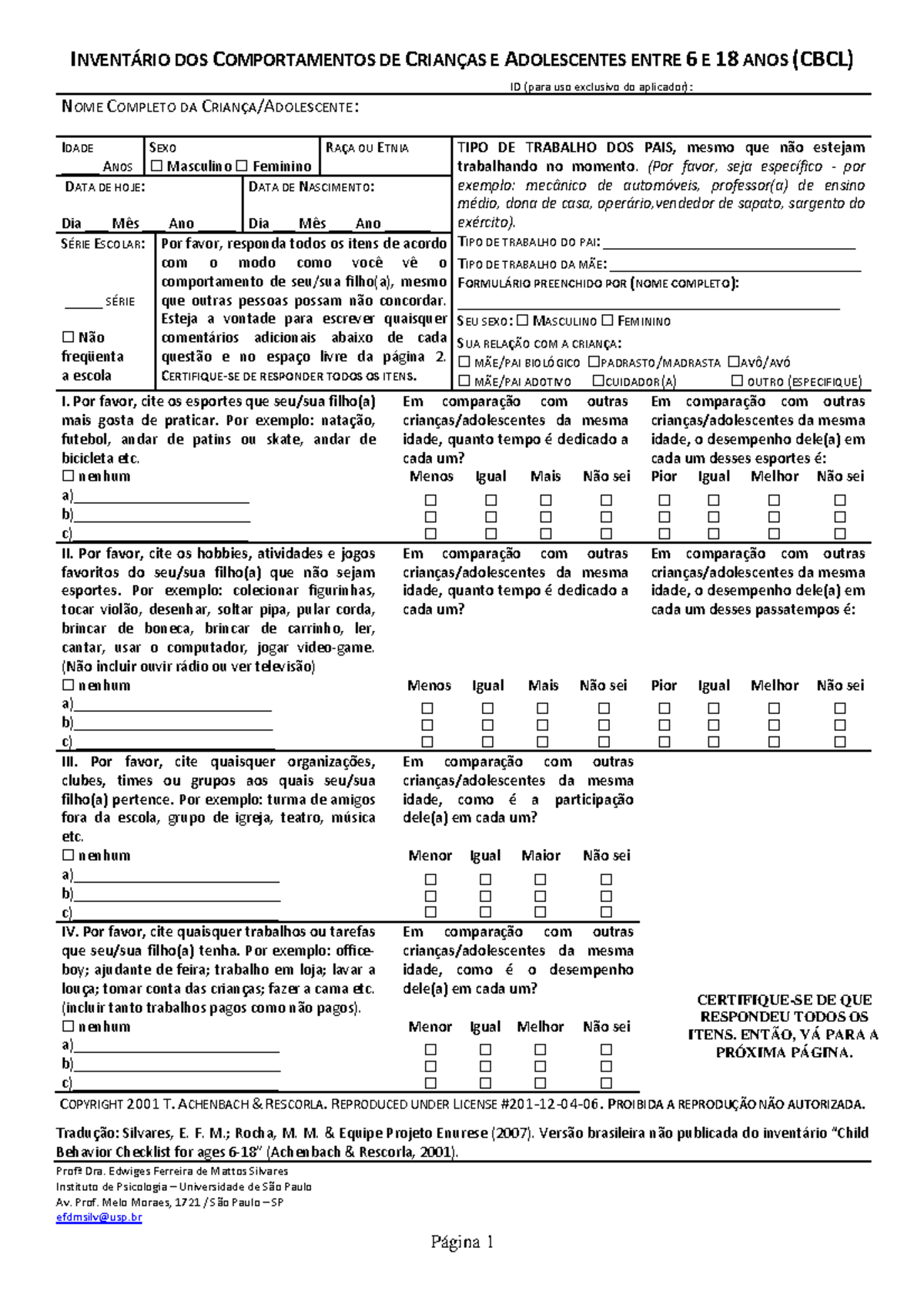 CBCL6-18 - aula base - INVENTÁRIO DOS COMPORTAMENTOS DE CRIANÇAS E ...