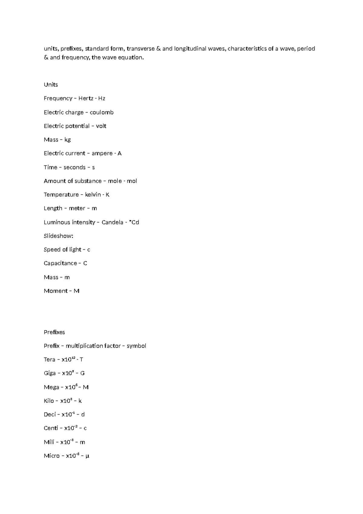 physics basics notes - units, prefixes, standard form, transverse & and ...