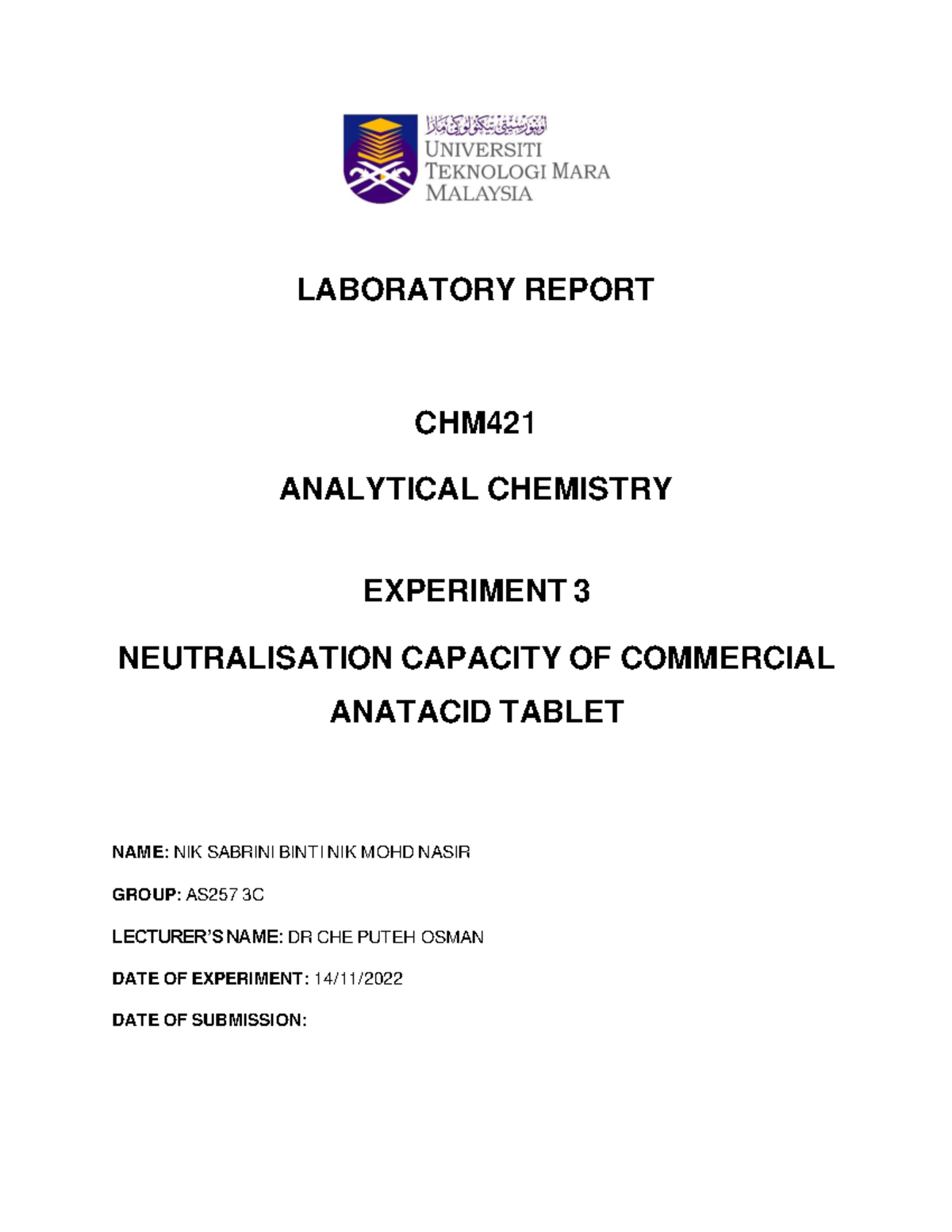 Exp 3 Antacid In this experiment back titration concept was