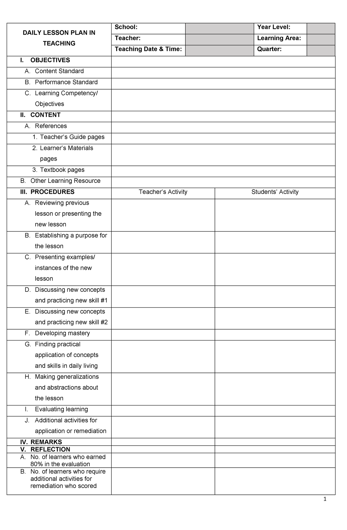 LP-Template - For Lesson Plan - 1 DAILY LESSON PLAN IN TEACHING School ...