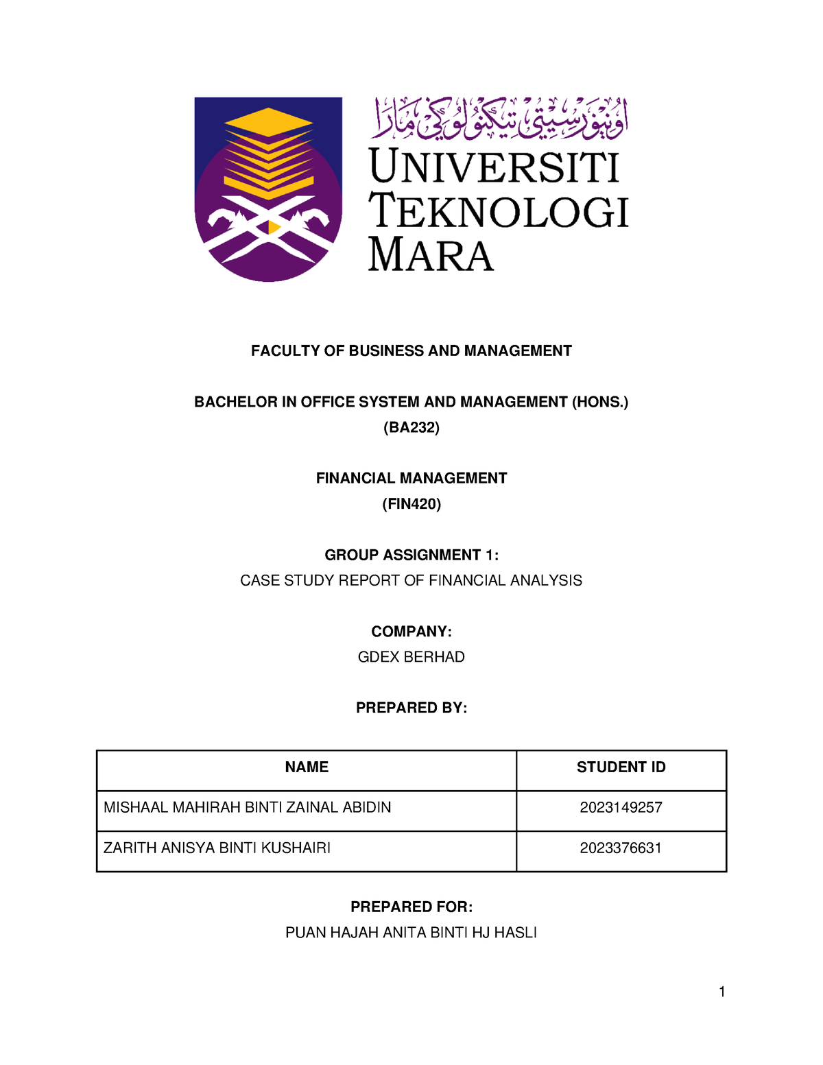 CASE Study FIN420 - assignment - FACULTY OF BUSINESS AND MANAGEMENT ...